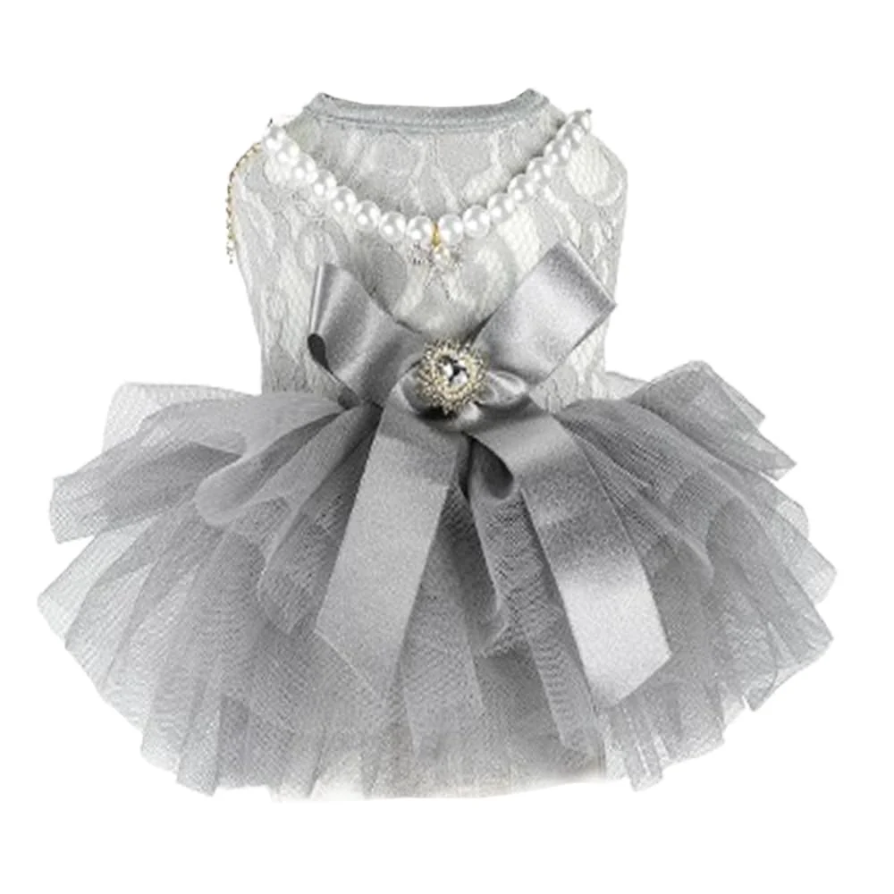 Elegant ANIAC Gray Dog Dress for Small Dogs – X-Large with Detachable Pearl Necklace Exceptional