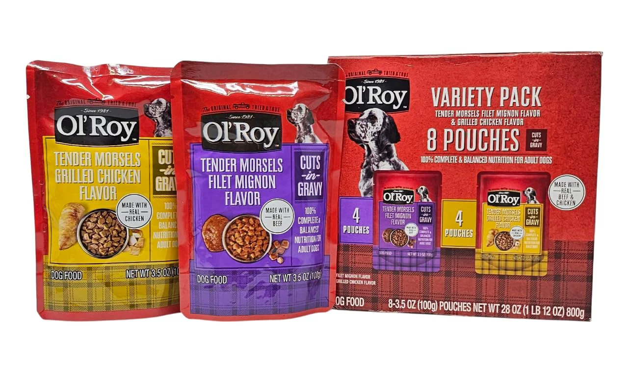 Green Ol' Roy Wet Dog Food Variety Pack Tender Morsels Filet Mignon Grilled Chicken 3.5oz Pouches 8 Count Exclusive