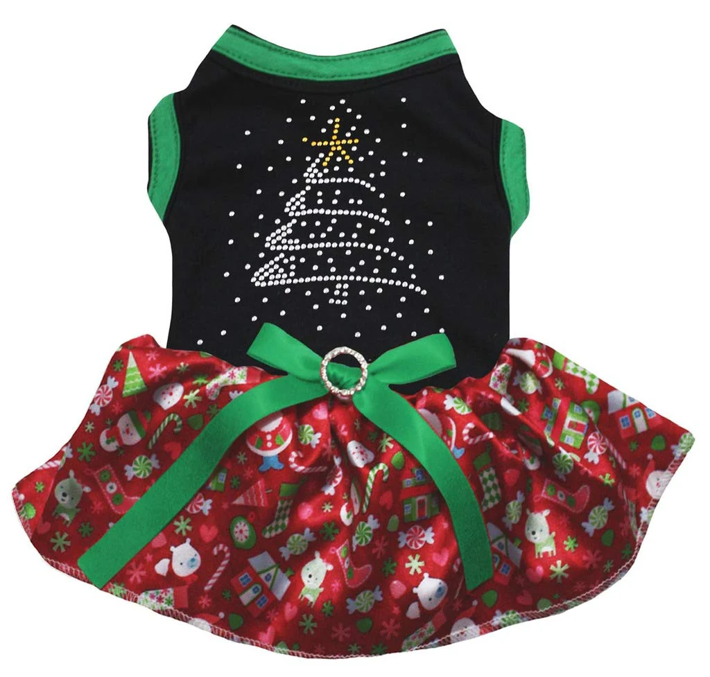 Recyclable Petitebella Rhinestone Christmas Tree Dress for Puppies – Black Red Xmas XXX-Large Healthy