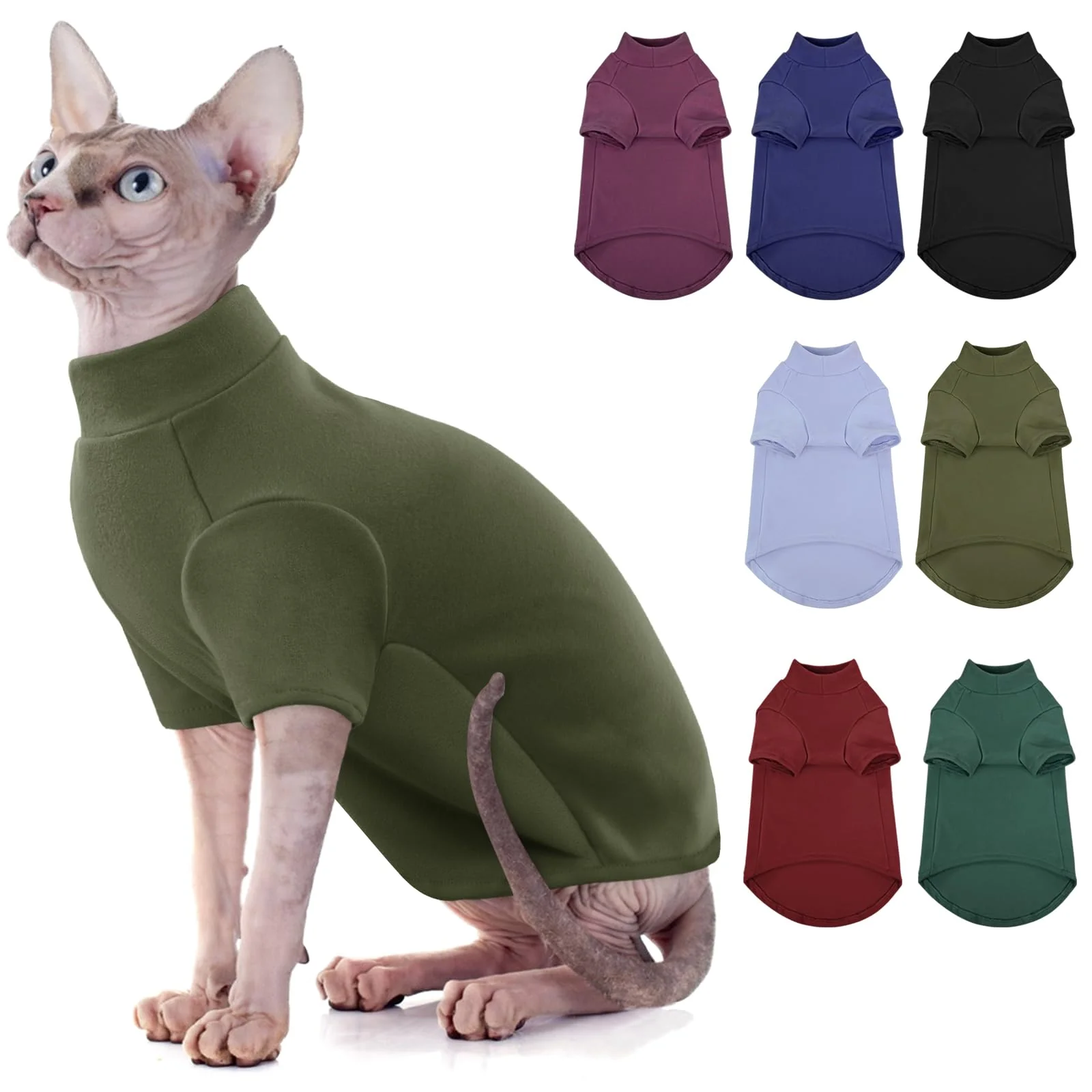 Crafted SUNFURA Turtleneck Sweater for Sphynx Cats – Warm Soft Hairless Cat Sweater with Sleeves ArmyGreen M Classic