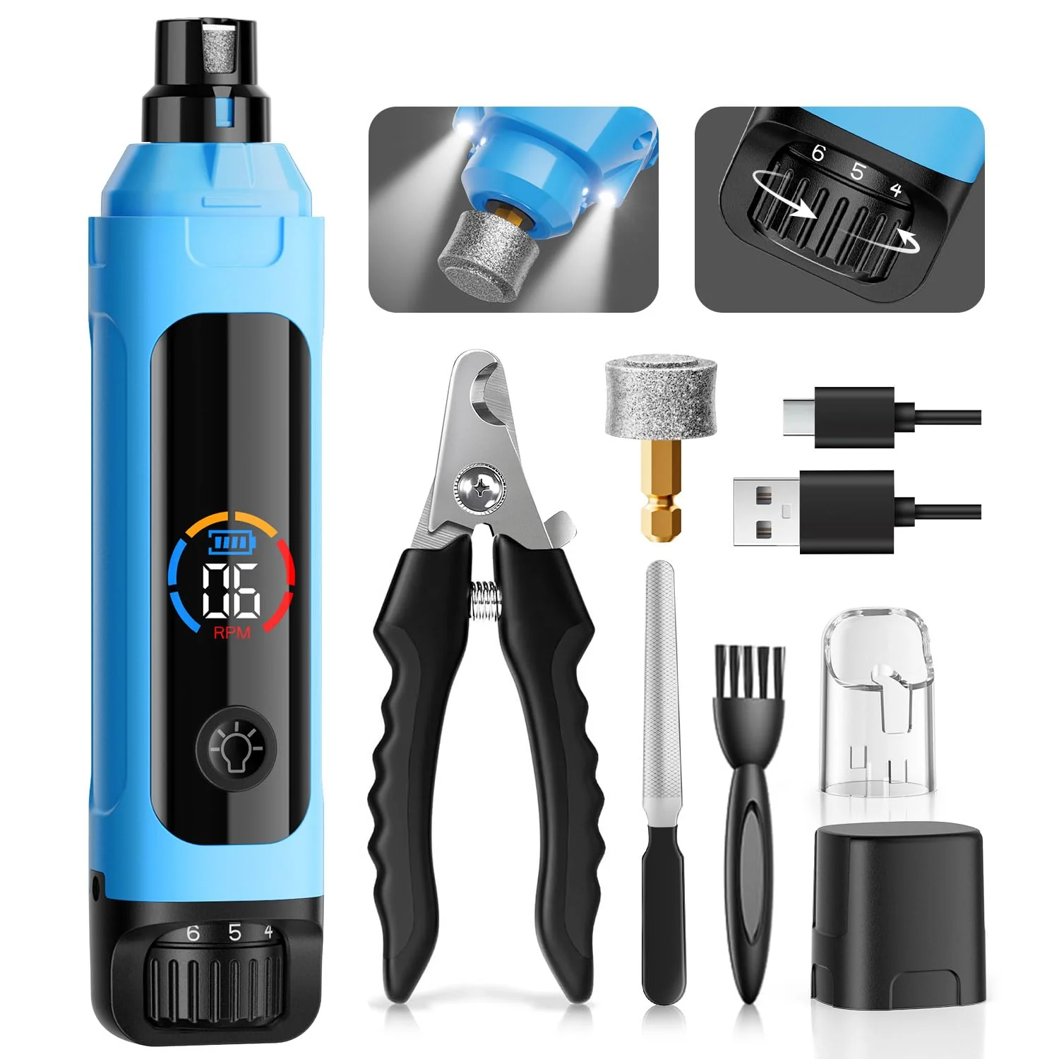 Advanced ianciu Dog Nail Grinder – 6-Speed Quiet Electric Trimmers for Pets Blue Healthy