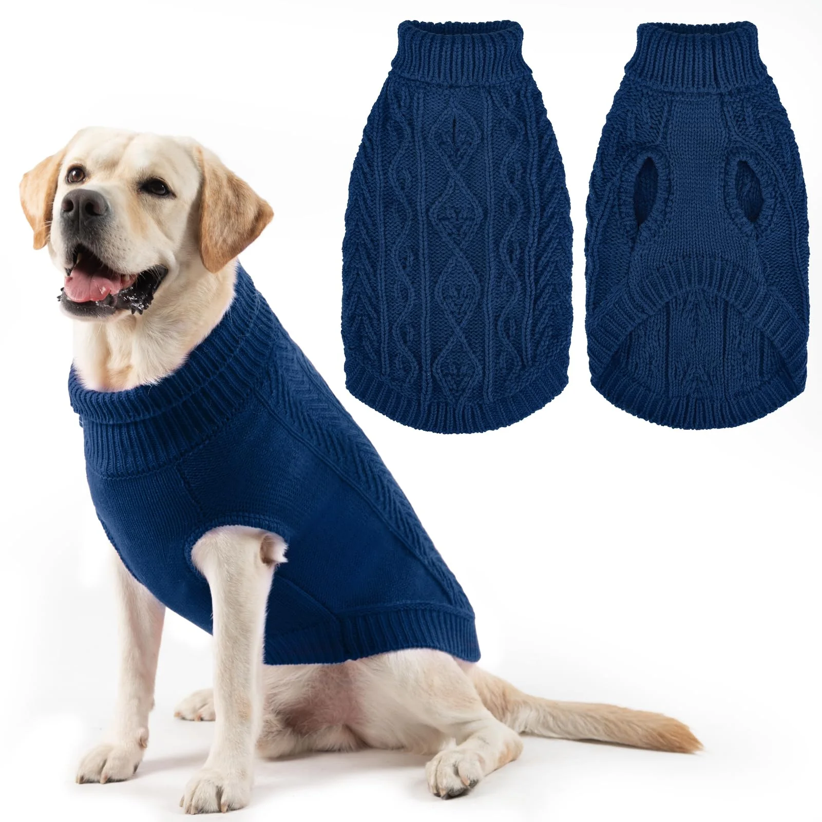 Elegant PUPTECK Dog Sweater L – Thick Knit Turtleneck Pullover for Large Dogs Deep Blue Winter Detailed