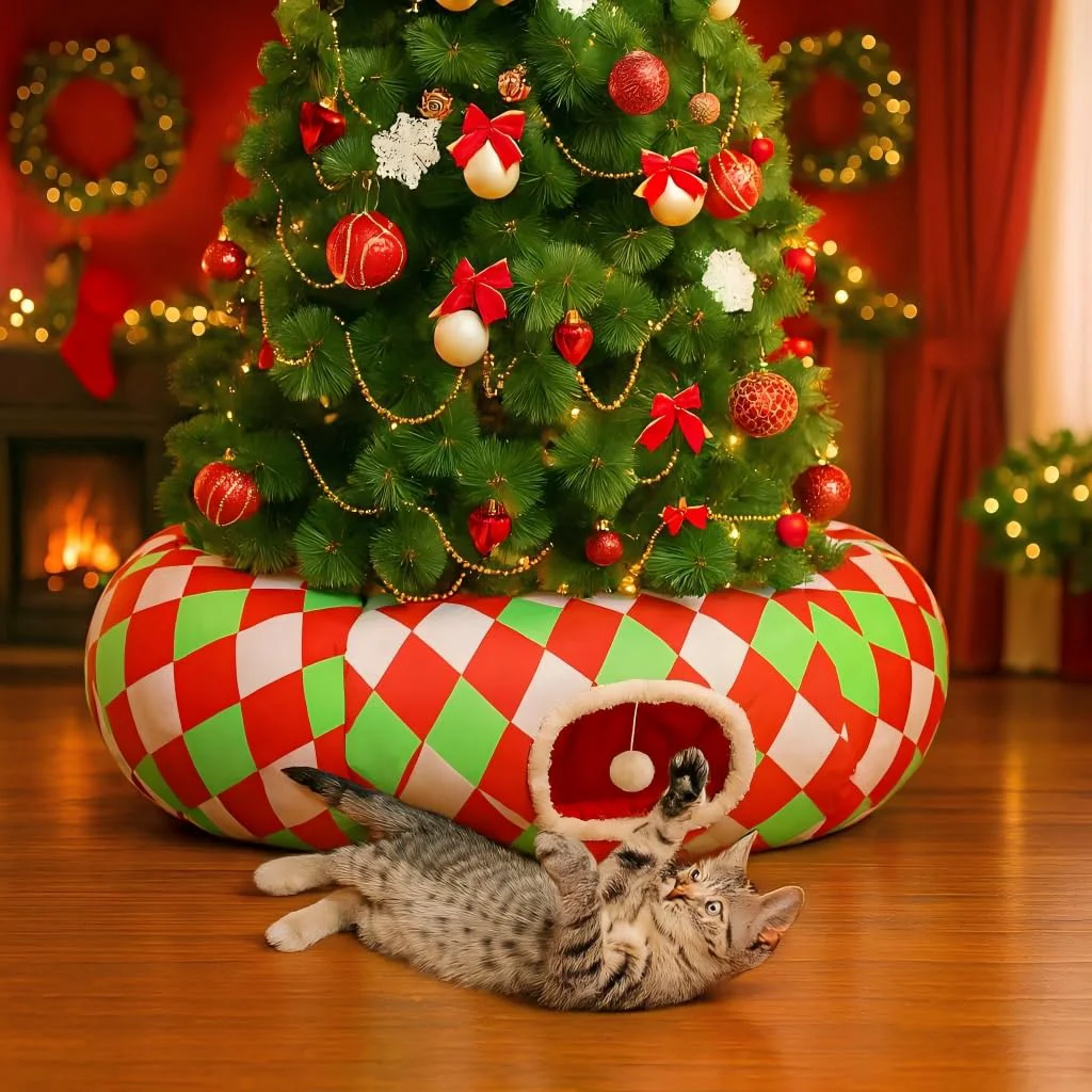 Solid Petsinurarea 3-in-1 Christmas Tree Cat Tunnel Bed – Cozy Indoor Play Skirt Crafted