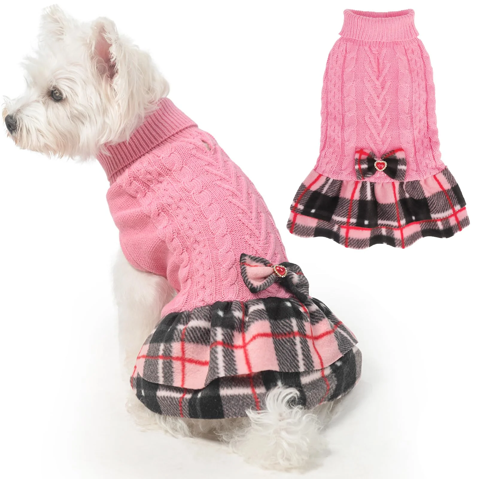Fine BEAUTYZOO Girl Dog Sweater Dress – Cable Knit Pink Turtleneck with Plaid Skirt Environmentally Friendly