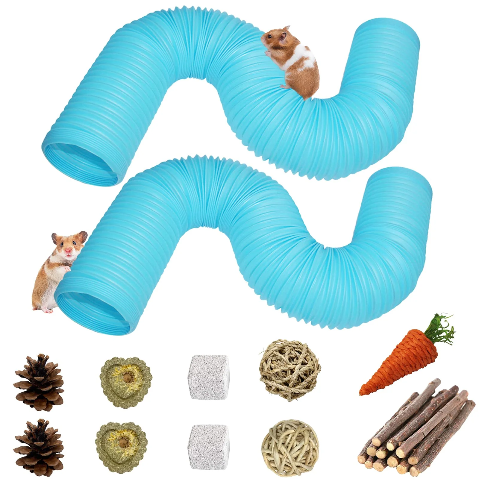 Convenient PINVNBY 2-Piece Hamster Tunnels — Foldable Plastic Tubes with 19-Piece Small Animal Toys Blue Dependable
