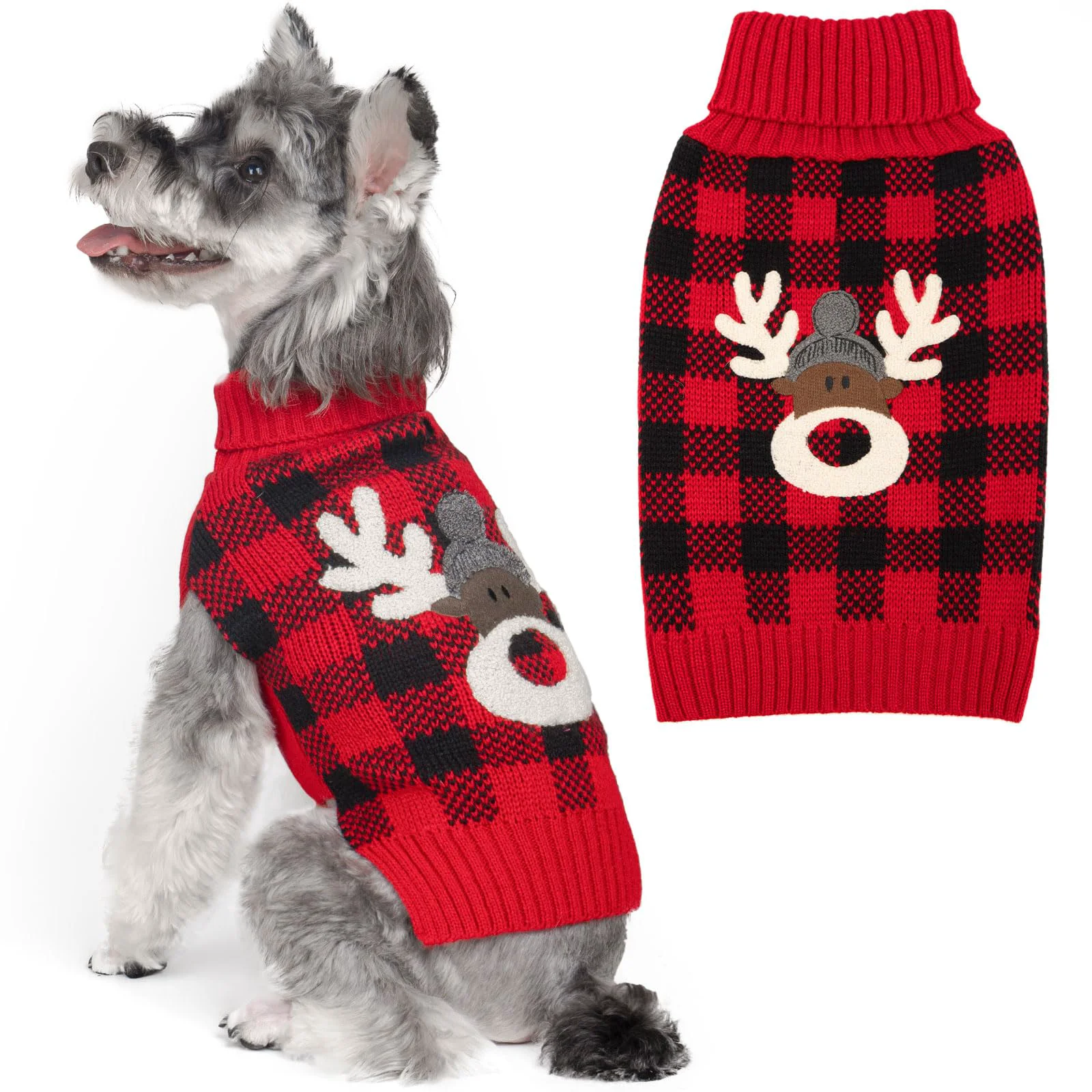 Elegant KYEESE Dog Christmas Sweater with Reindeer Pattern – Cozy Red Buffalo Plaid Knitwear for Small Dogs Professional
