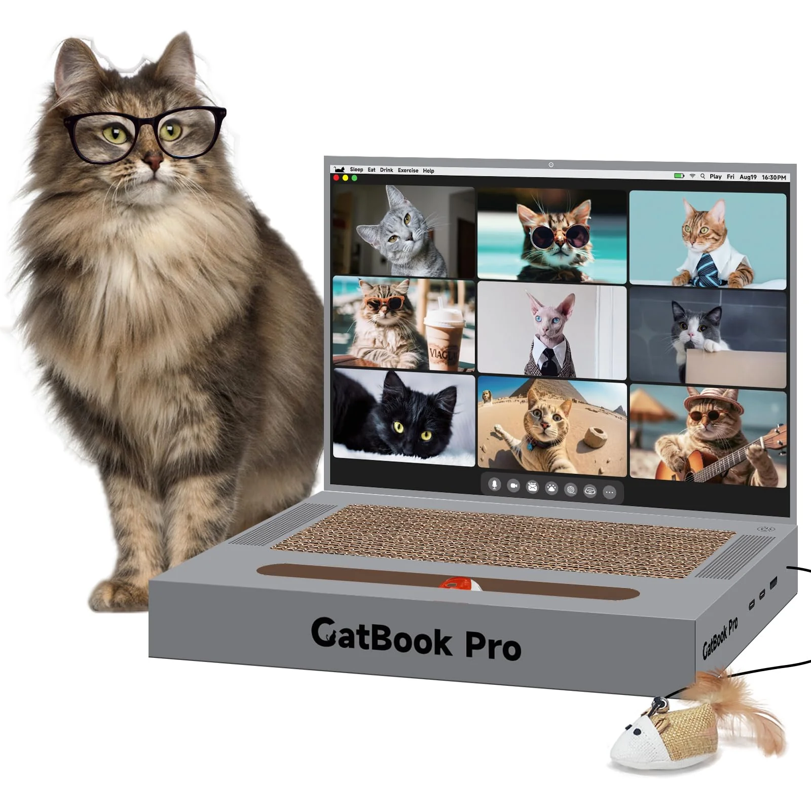 Sophisticated YOUXIFUN 3-in-1 Cat Scratcher Laptop – Grey Cardboard Toy with Mouse Jingle Ball Stickers Eco-Friendly