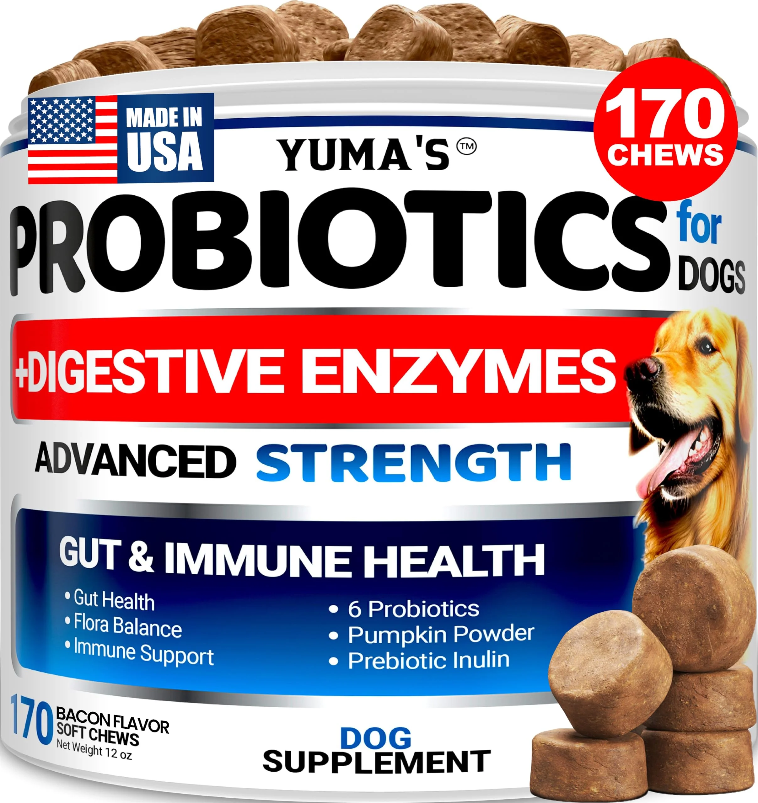 Recyclable YUMA'S Probiotics for Dogs Digestive Enzymes – 170 Bacon Flavor Chews Healthy