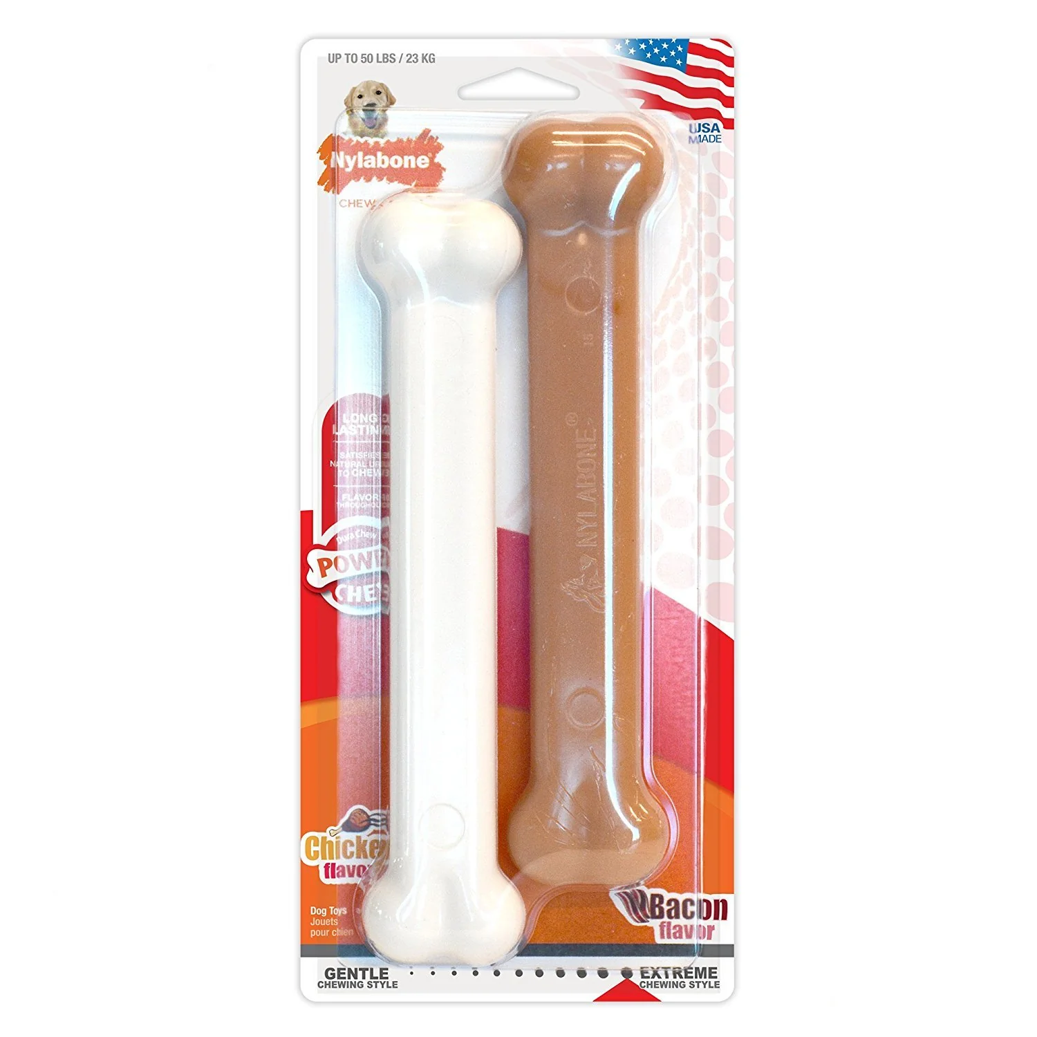 Unique Nylabone Bone Power Chew Toy – 2 Pack for Aggressive Chewers Up to 50 lbs Bacon Chicken Healthy