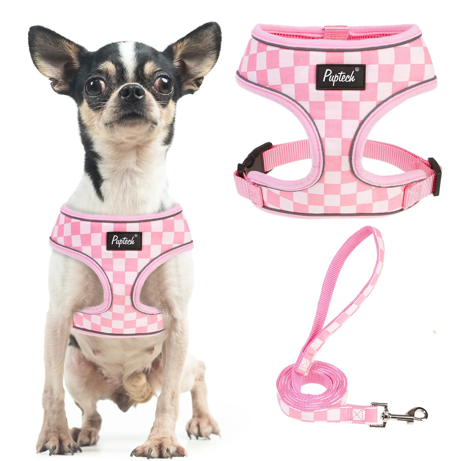 Premium PUPTECK Soft Mesh Harness Leash Set – Pink White Checkered No-Pull Comfort Size S Smart