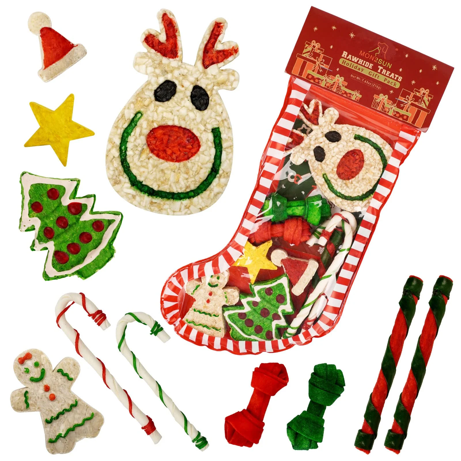 Pure MON2SUN 11Count Christmas Dog Rawhide Stocking for Small Dogs – Holiday Chews Smooth