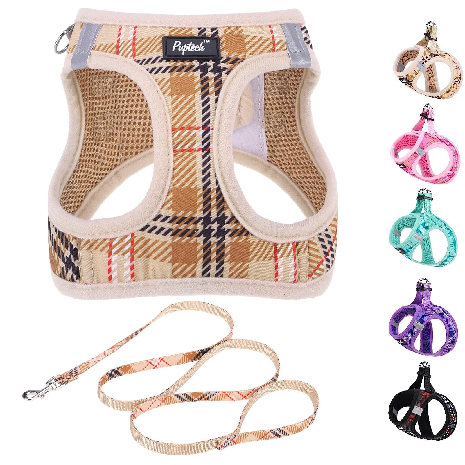 Versatile PUPTECK Dog Harness Leash Set for Small Medium Dogs — No-Pull Step-In Reflective Night Safety Plaid Beige XS High-Grade