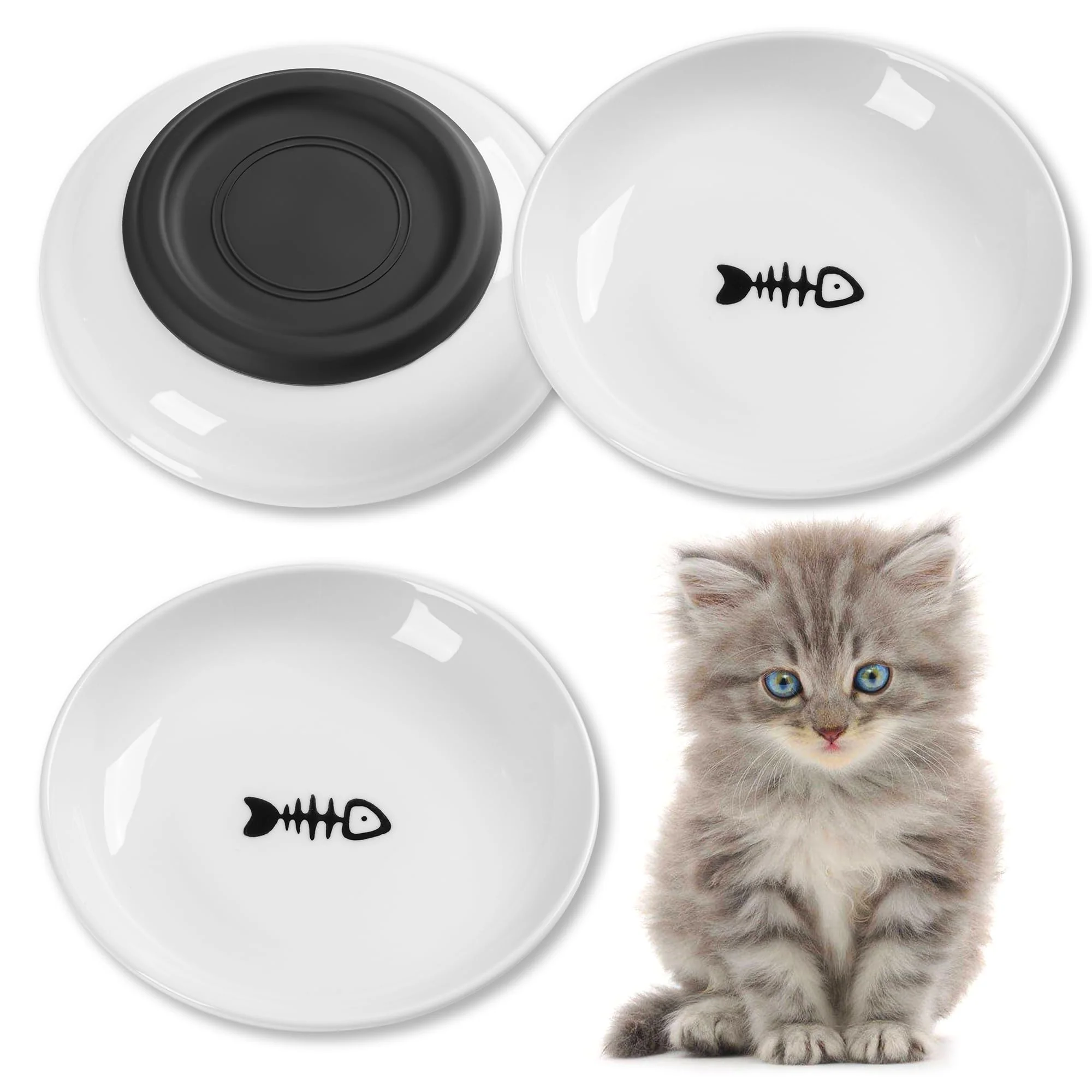 Breathable Kitwinney Cat Food Bowl Set — Whisker-Friendly Ceramic Bowls with Nonslip Bottom 3-Pack Organic