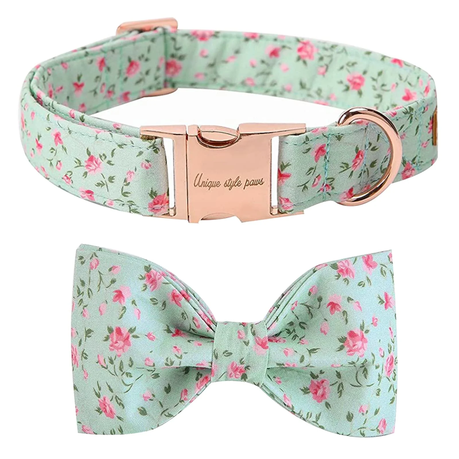 Versatile Unique Style Paws Cotton Dog Collar with Bow – Green Flower Adjustable for All Sizes Outstanding