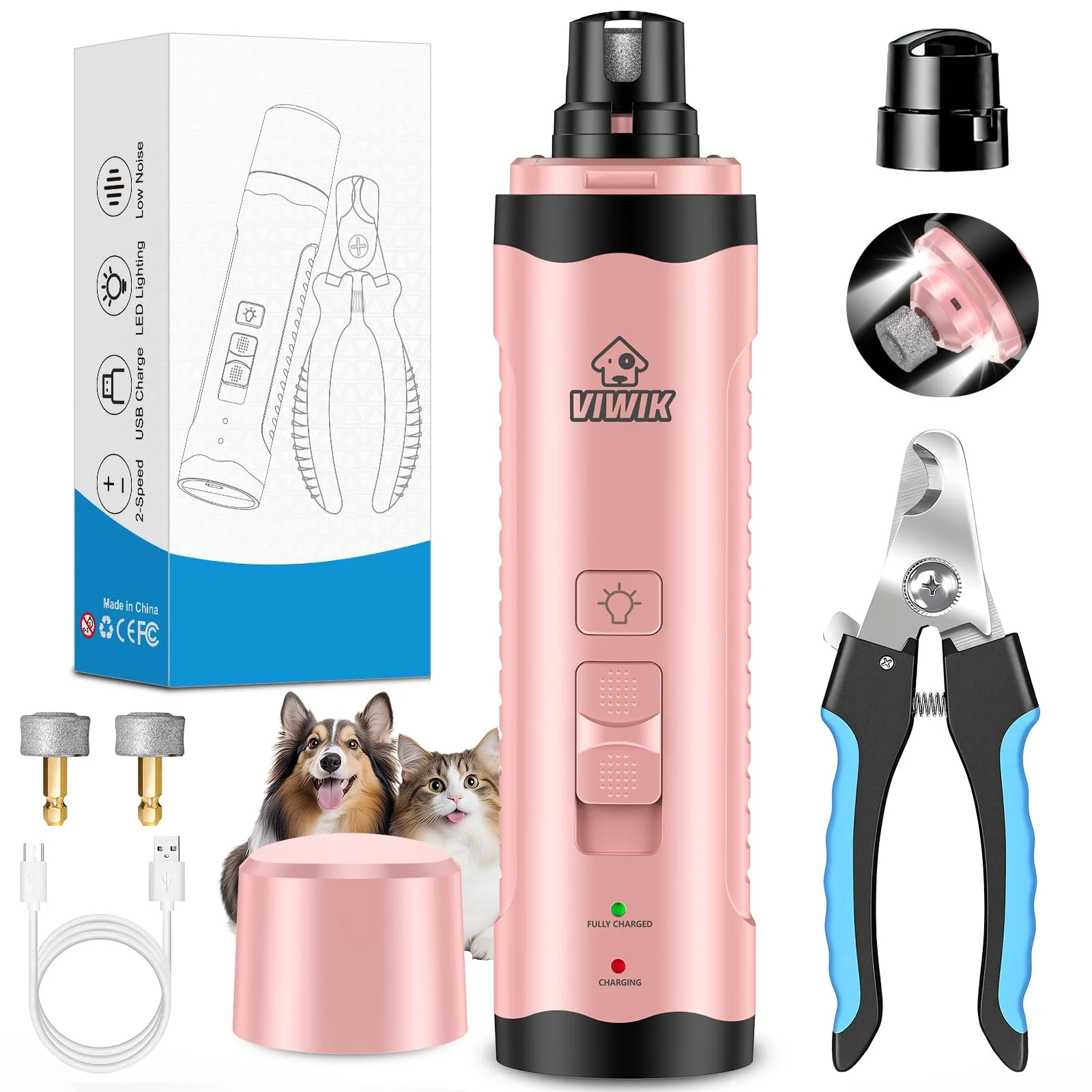 Smooth VIWIK Dog Nail Trimmers Grinder with 2 LED Lights — 2-Speed Quiet USB Grooming Kit Pink Solid