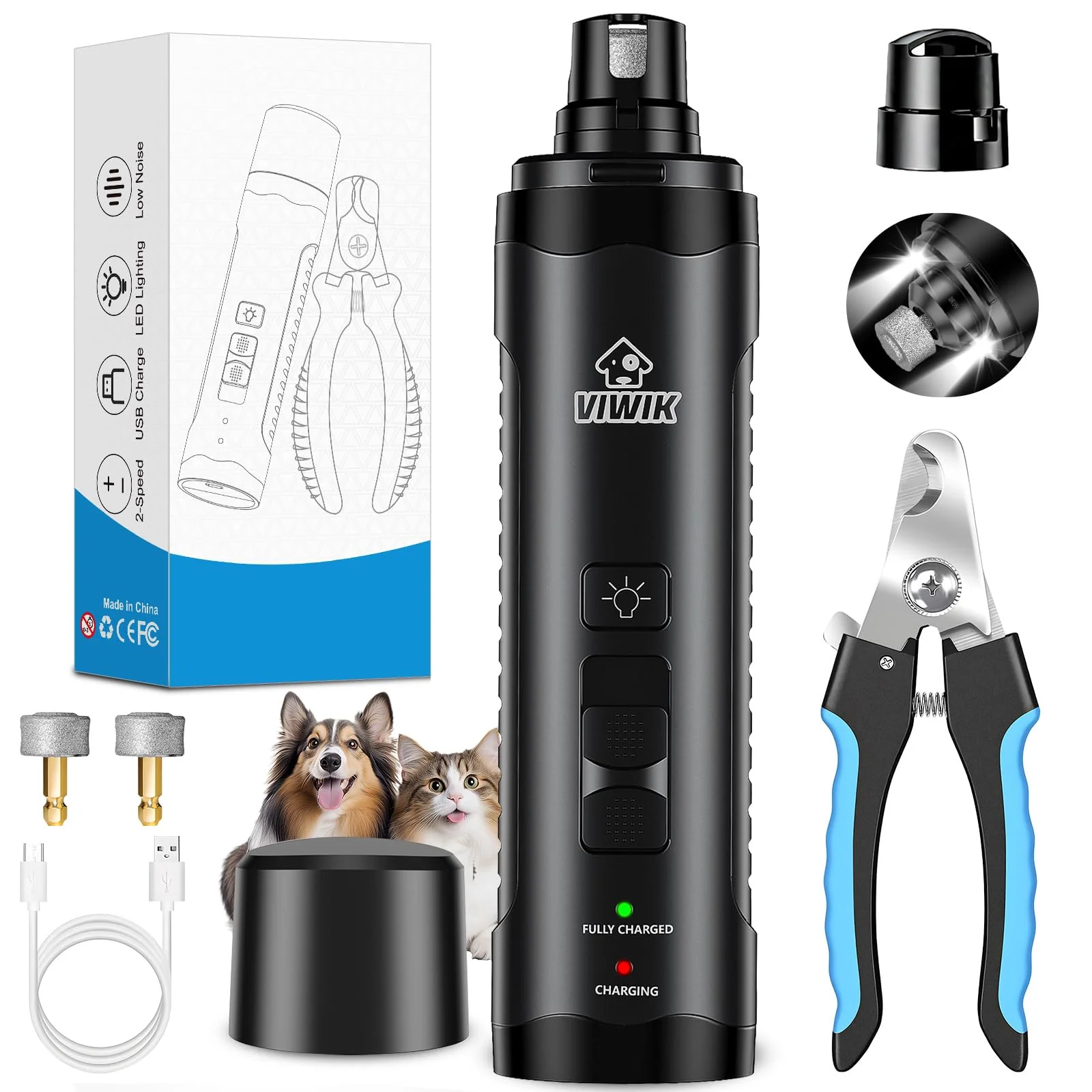 Advanced VIWIK Dog Nail Grinder — Quiet USB Rechargeable 2-Speed Nail Clippers with LED Light Relaxed
