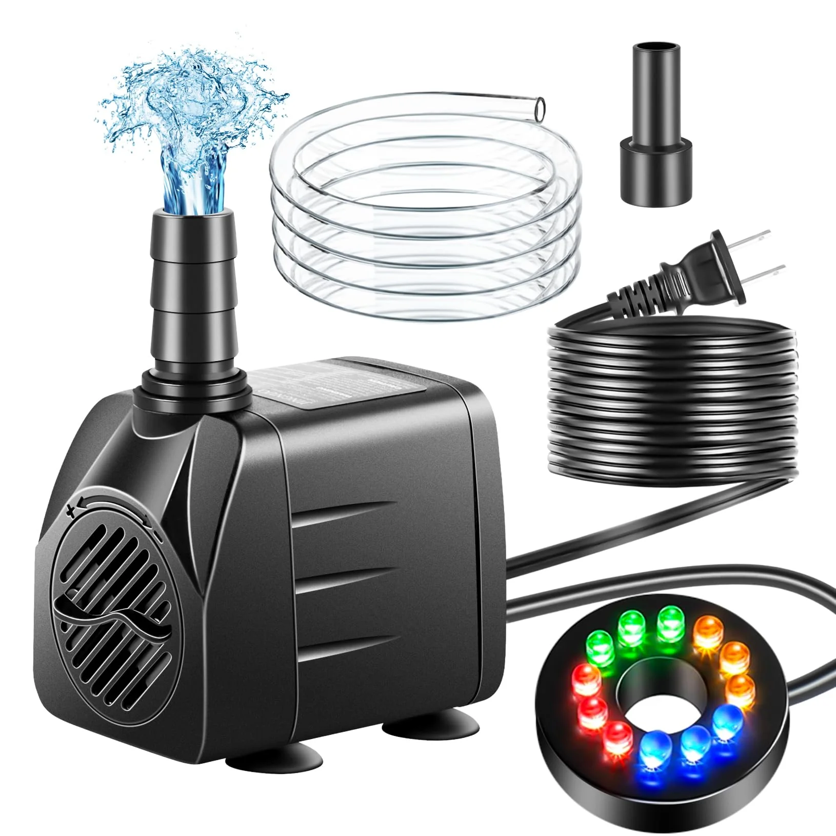 Enhanced pamaner Submersible Pump — 10W 160GPH Quiet Fountain Pump with LED Light Flexible