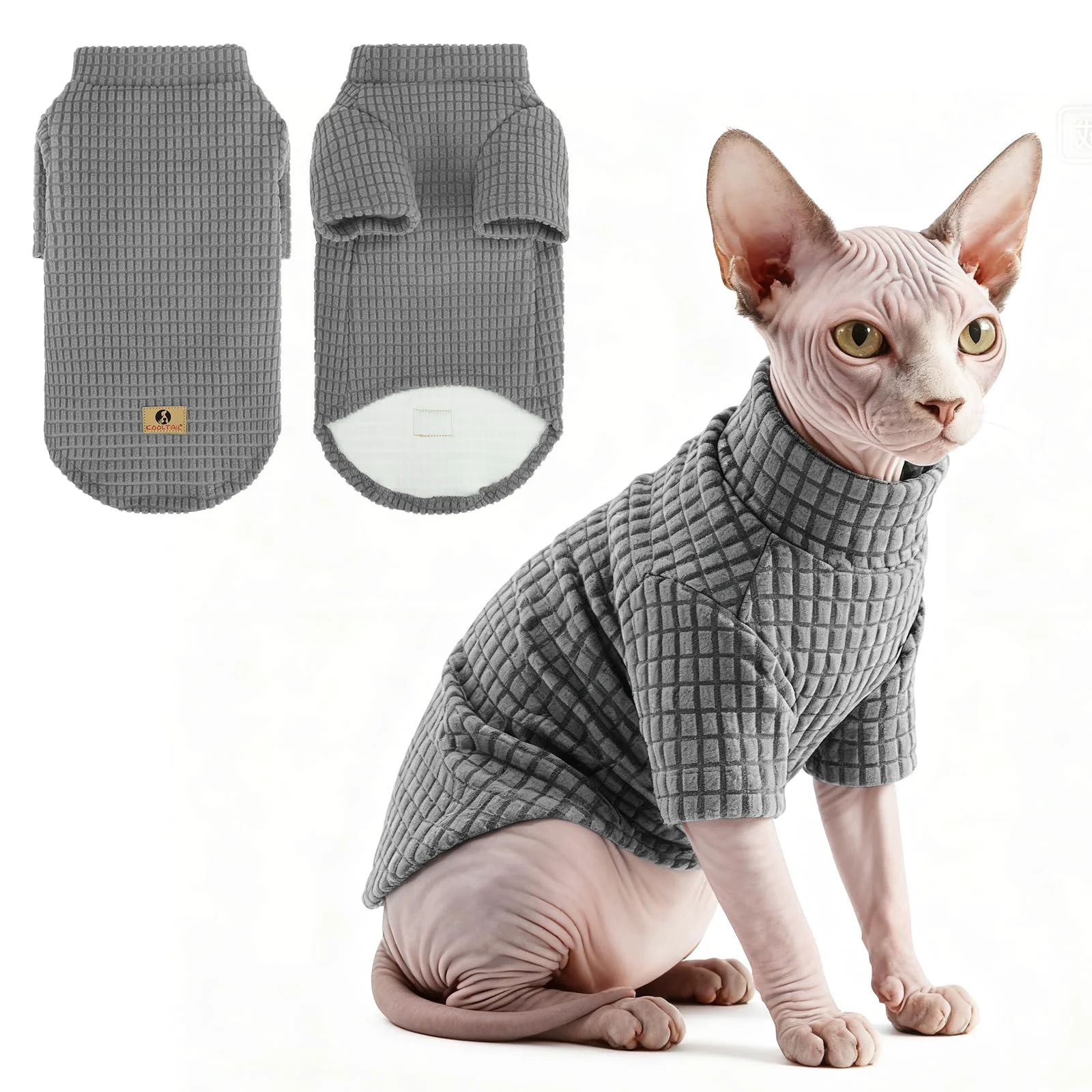 Verified KOOLTAIL Cat Sweater for Sphynx – Soft Fleece Sleeved Winter Wear for Hairless Cats Small Dogs Grey L Selected