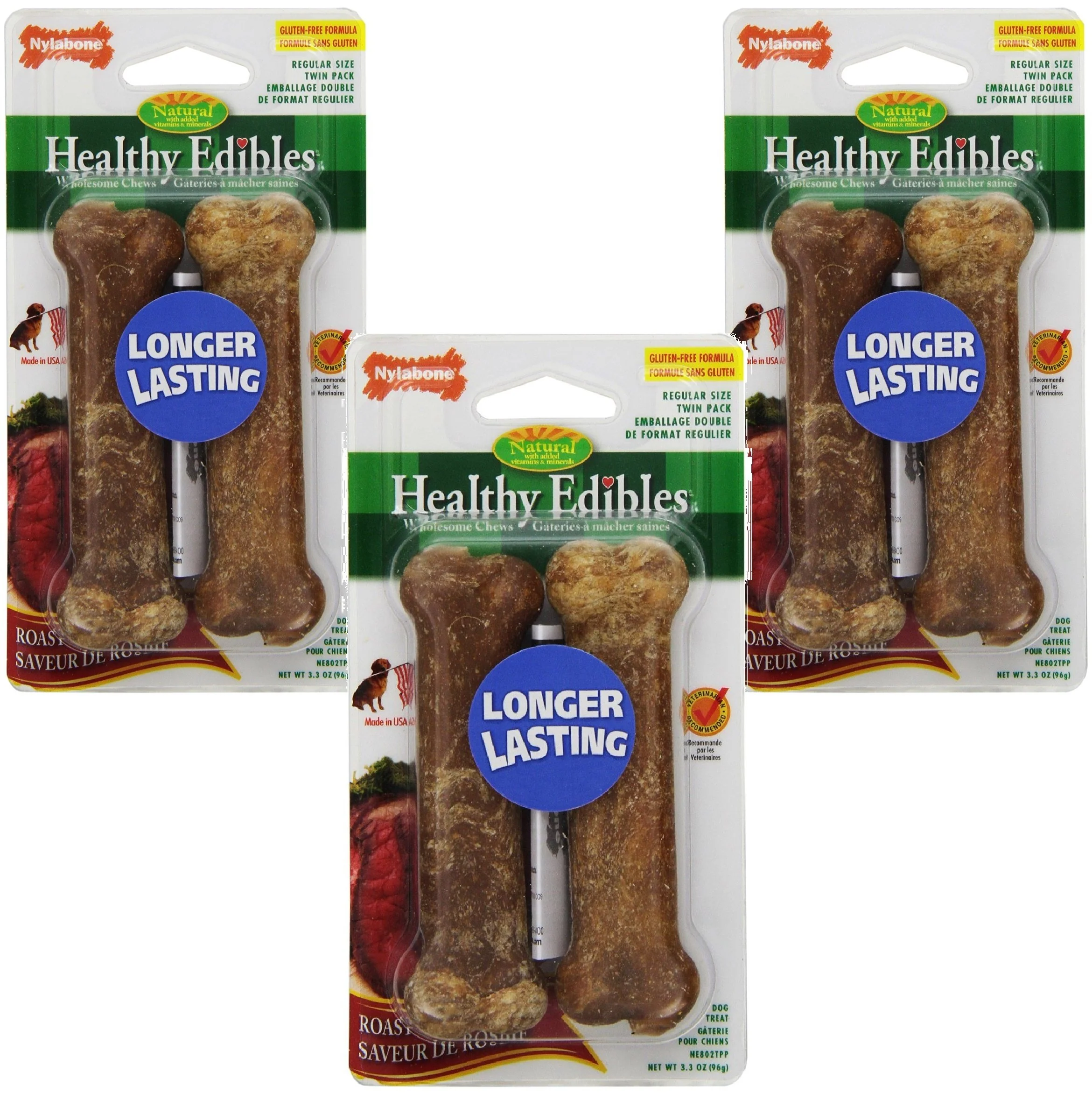 Solid Nylabone Healthy Edibles Roast Beef Flavored Treat Bones – Regular Size 3-Pack 6 Bones Total Verified