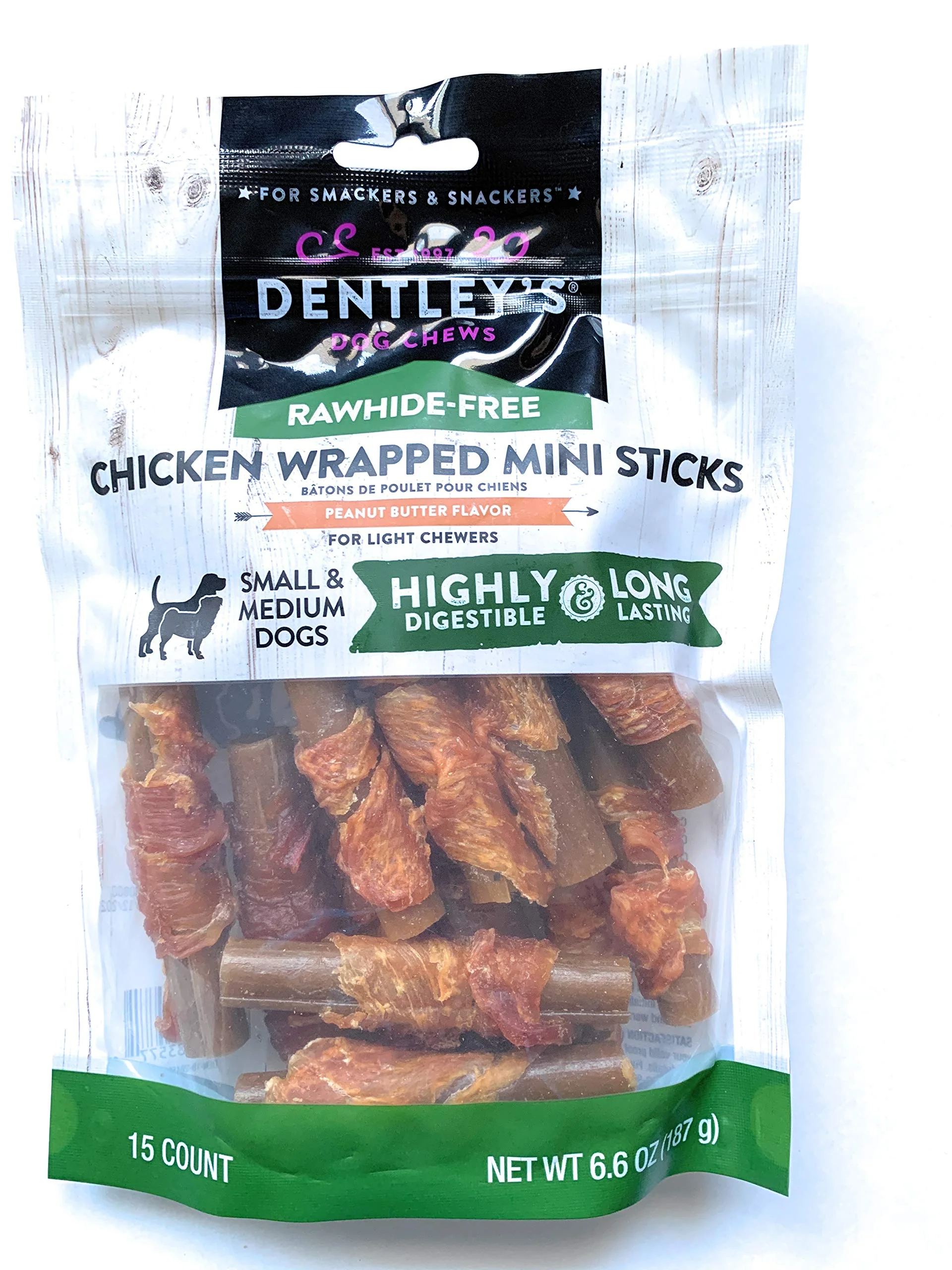 Traditional DENTLEY'S Rawhide- Chicken Wrapped Mini Sticks – Peanut Butter Flavor for Small Medium Dogs Optimized