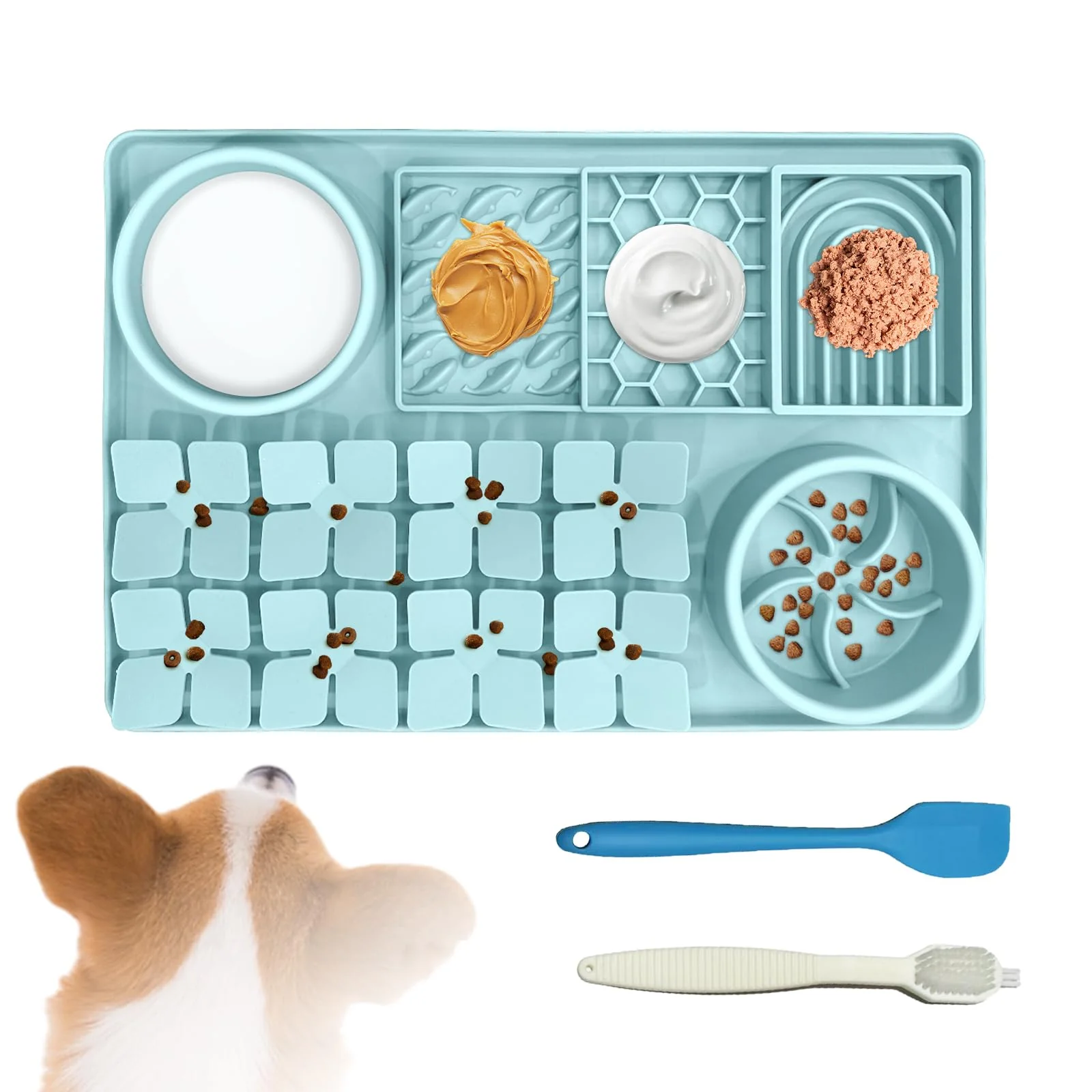 Sustainable SmartTail Lick Mat for Dogs – 4-in-1 Silicone Interactive Toy with Brush Scraper Mint Green Premium