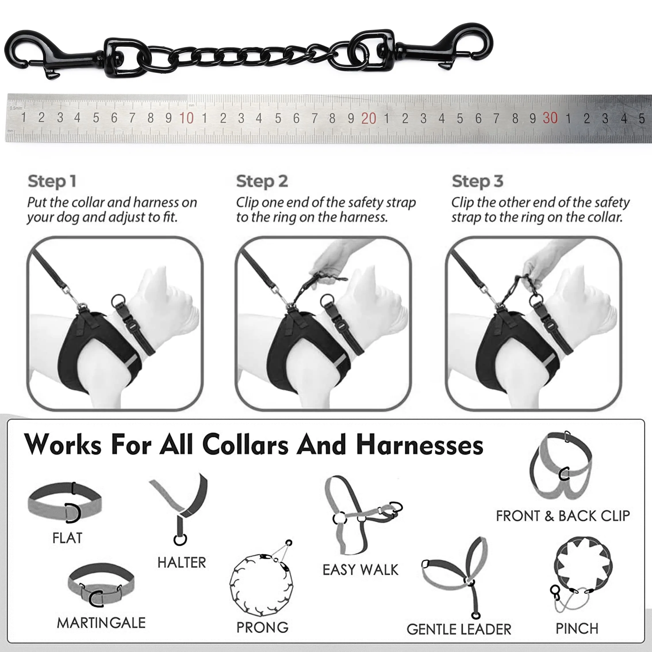World-Class DEYACE Metal Dog Collar Safety Clip – 2 Pack Heavy-Duty Backup for Prong Harness Collars 8in 10in Black Original