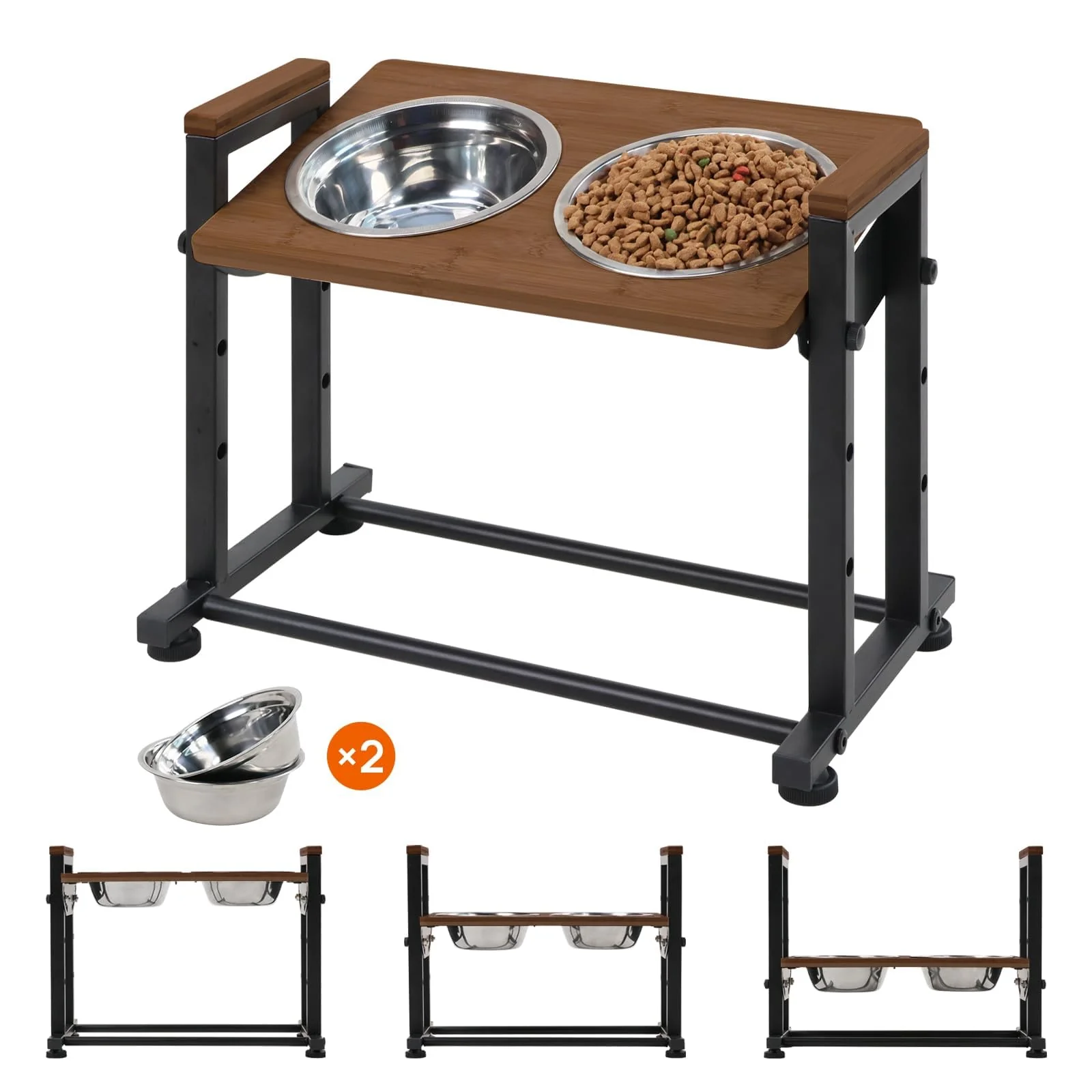 Verified Walnest Adjustable Height Pet Feeder Stand – 2 Dishwasher-Safe Bowls Brown Wood Top Black Frame Up to 66 lbs Minimalist