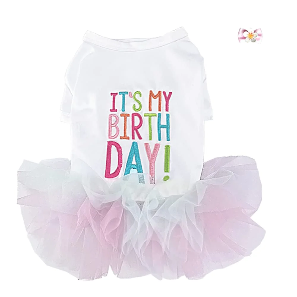 Soft ANIAC Girl Dog Birthday Tutu Dress with Hairpin – Puppy Lace Skirt for Cats Small Dogs White Practical