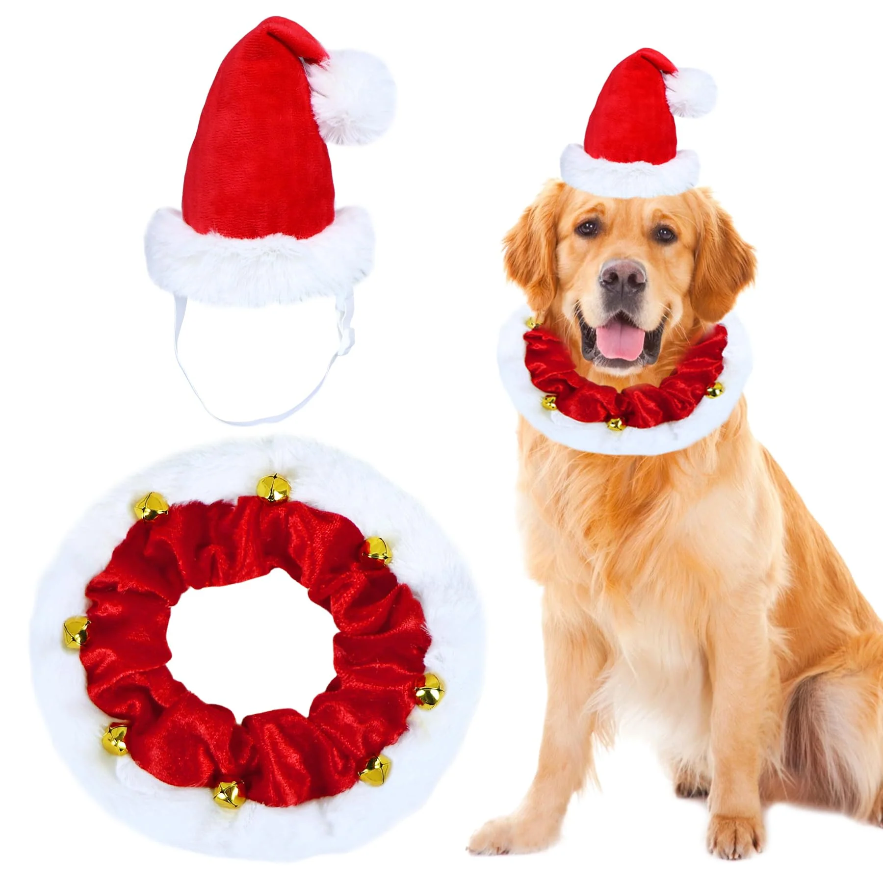 High-Quality GOYOSWA Dog Christmas Outfit – Santa Hat Bell Collar Holiday Costume Two Sizes Enhanced