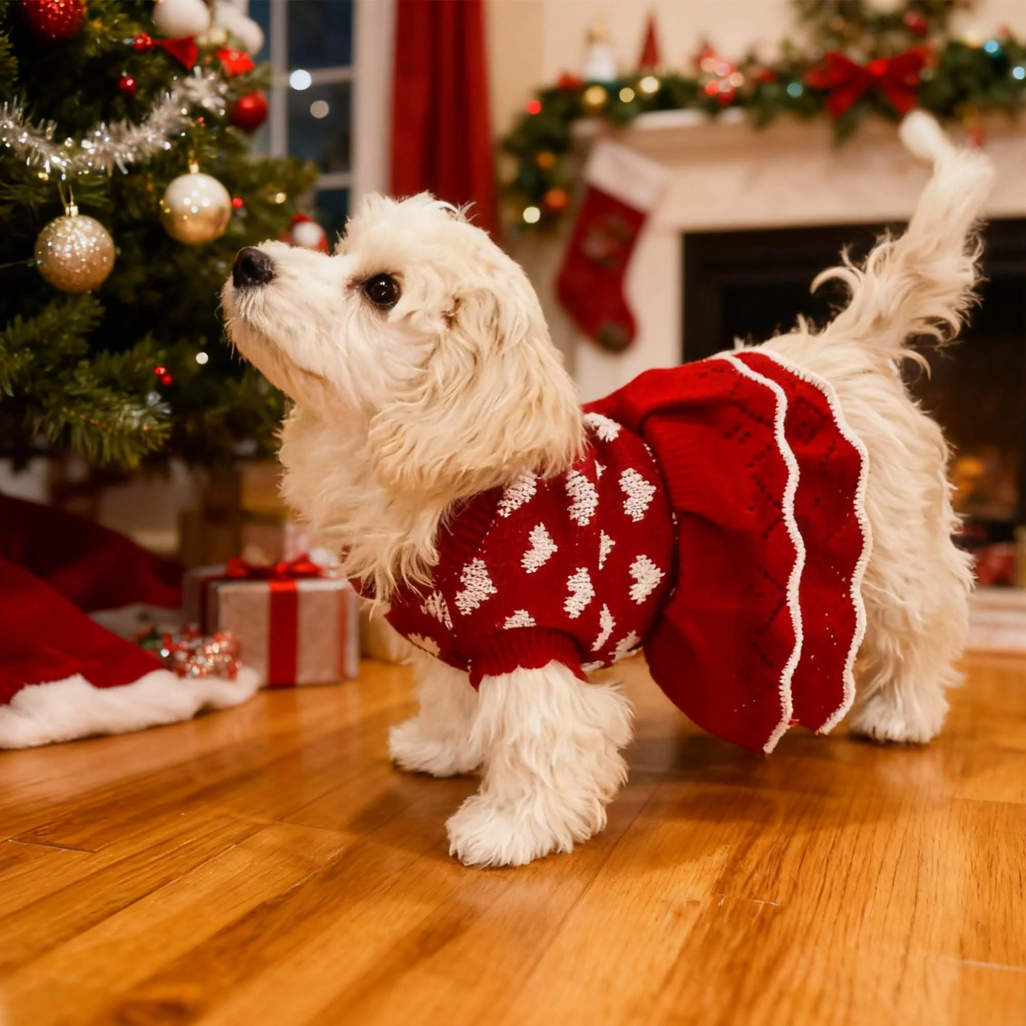 Functional MuYaoPet Small Dog Sweater - Red Winter Knit Christmas Dress Elite