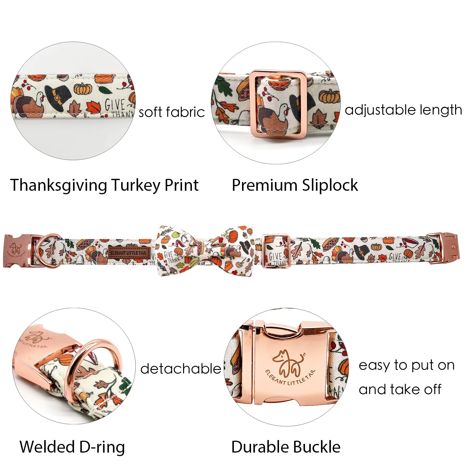Reusable Elegant Little Tail Fall Turkey Bow Collar for Medium Dogs Soft Cotton Durable Design Premium Material