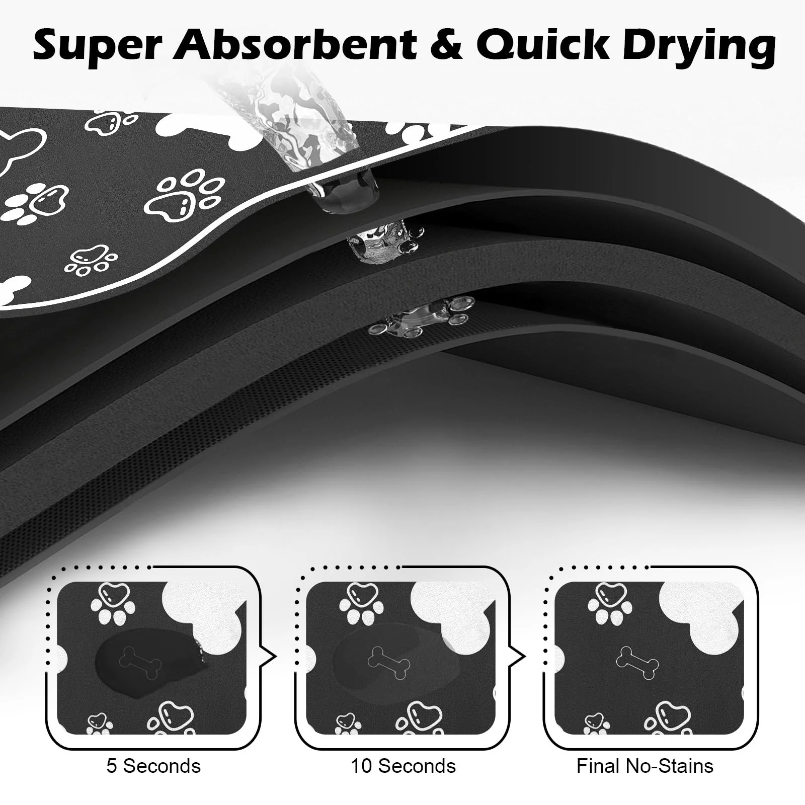 Superior Voanos Dog Cat Food Mat 12x18 - Bone-Shaped Rapid Absorbent Non-Slip Backing Black Green