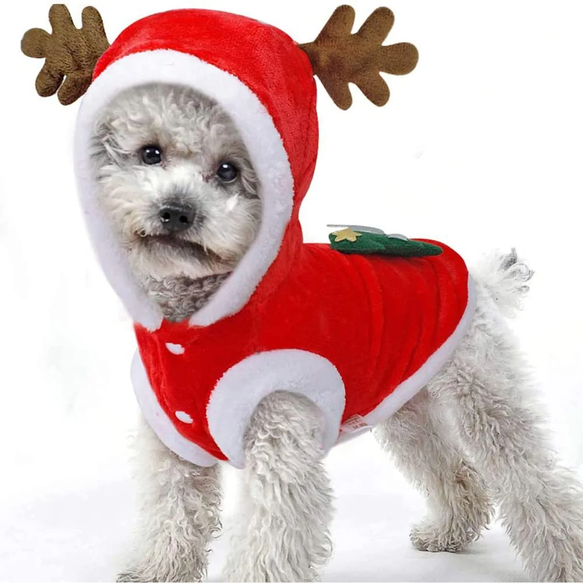 Safe Tealots Dog Christmas Costume - Red Santa Hoodie with Antlers 3D Tree Modern