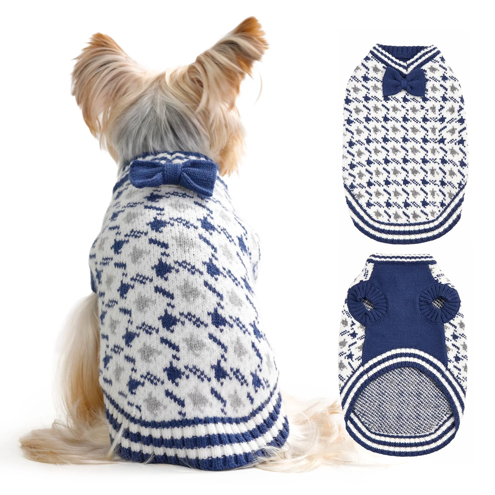 Eco-Friendly MengMengDa Dog Sweater for Small Dogs Warm Blue Knit Pullover with Bow Size M Solid