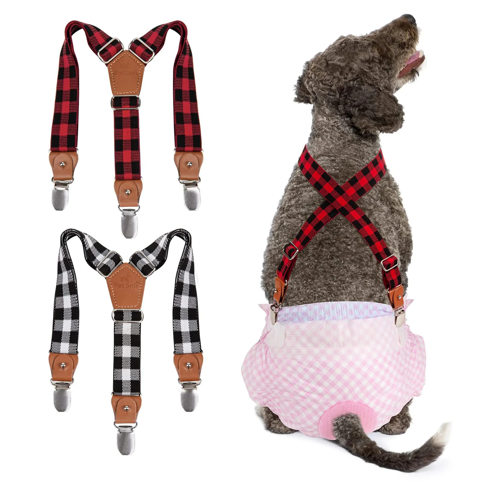 Elite Pet Soft Dog Suspenders 2-Pack Plaid Diaper Keepers for Female Dogs Adjustable No-Neck-Choke Replaceable Clips Next-Generation