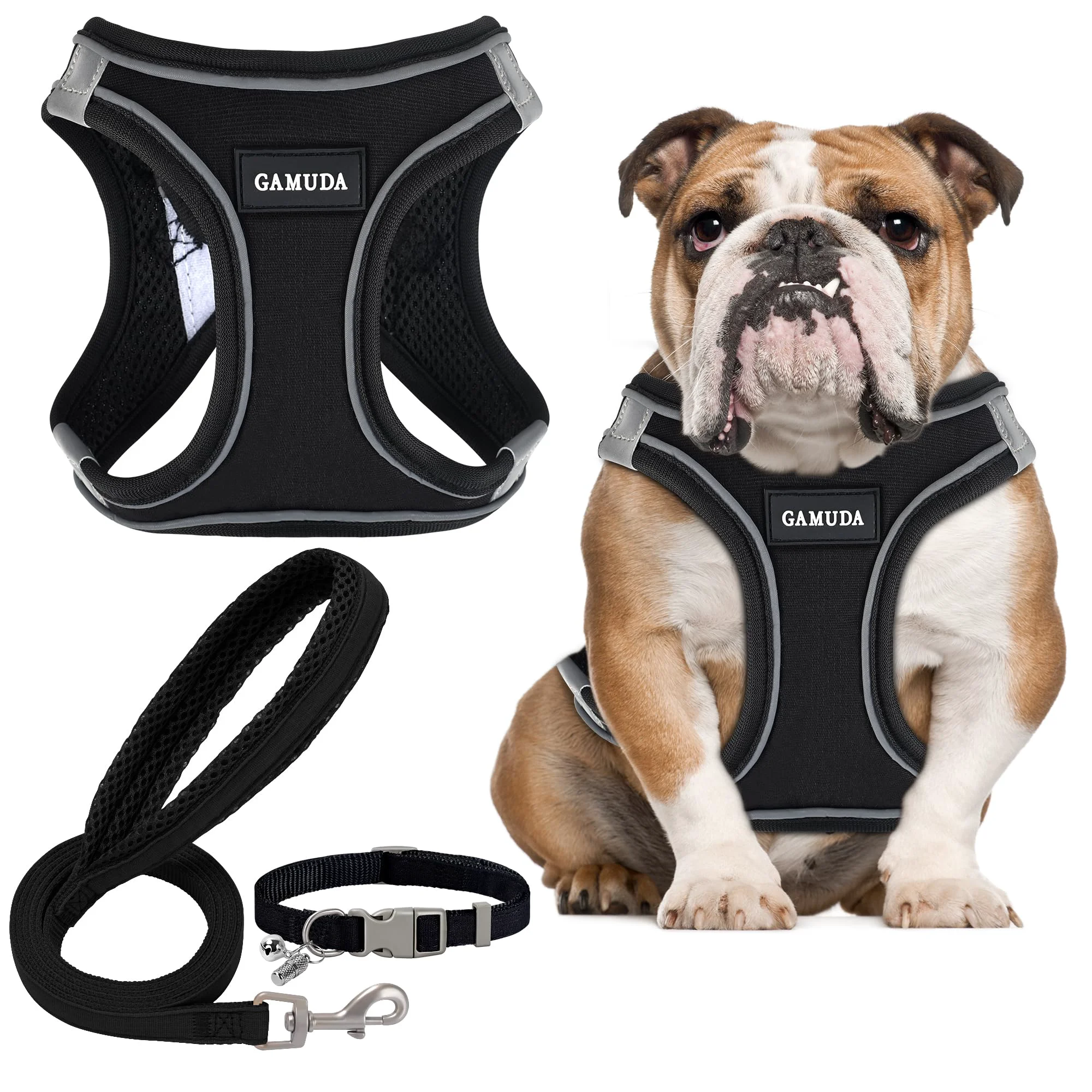 Top-Quality GAMUDA Small Dog Harness Collar Leash Set - Step-In No Pull Reflective Vest Black L Pure