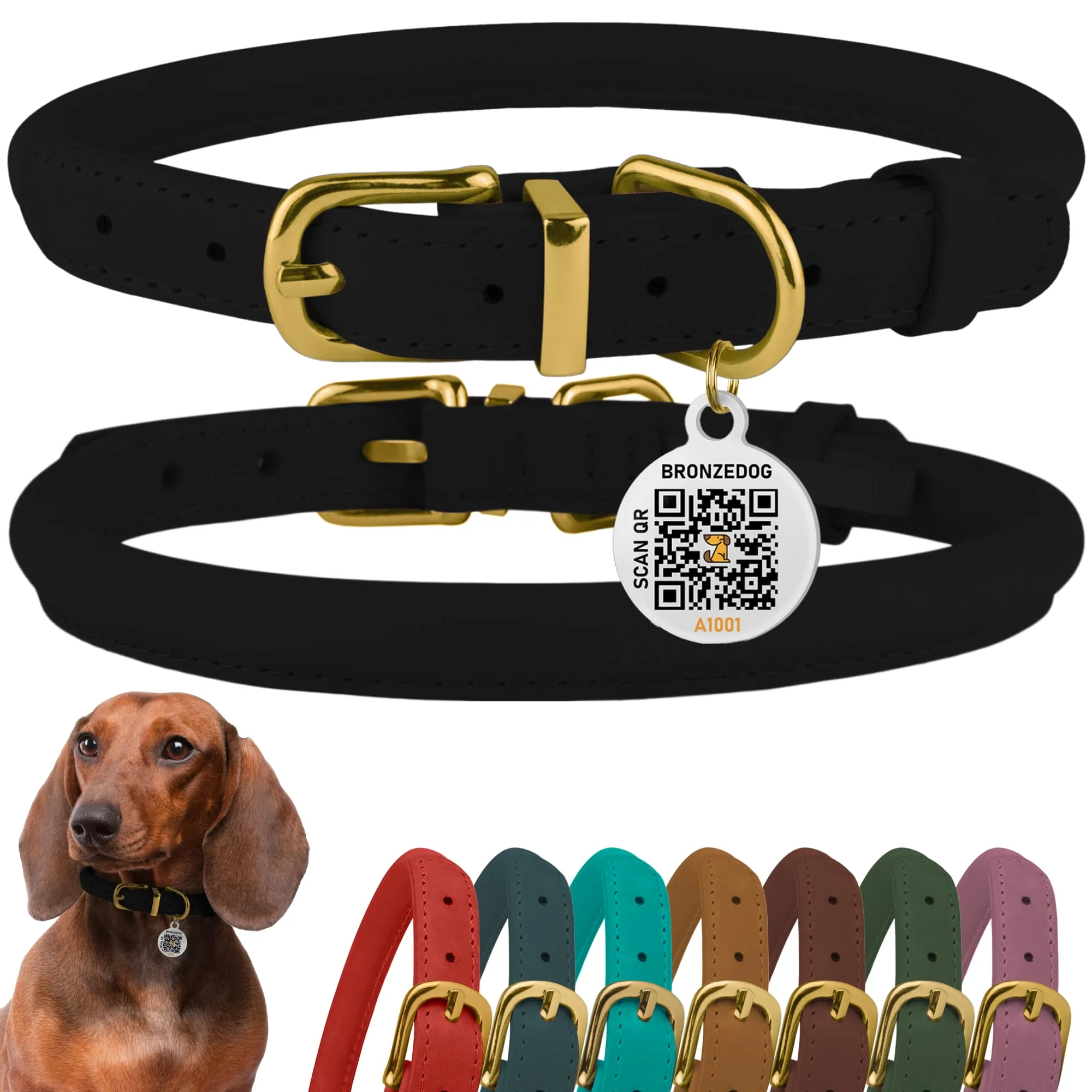 Breathable BronzeDog Rolled Leather Collar with QR ID Tag - Adjustable 9-11 Inch Neck Black Night Classic