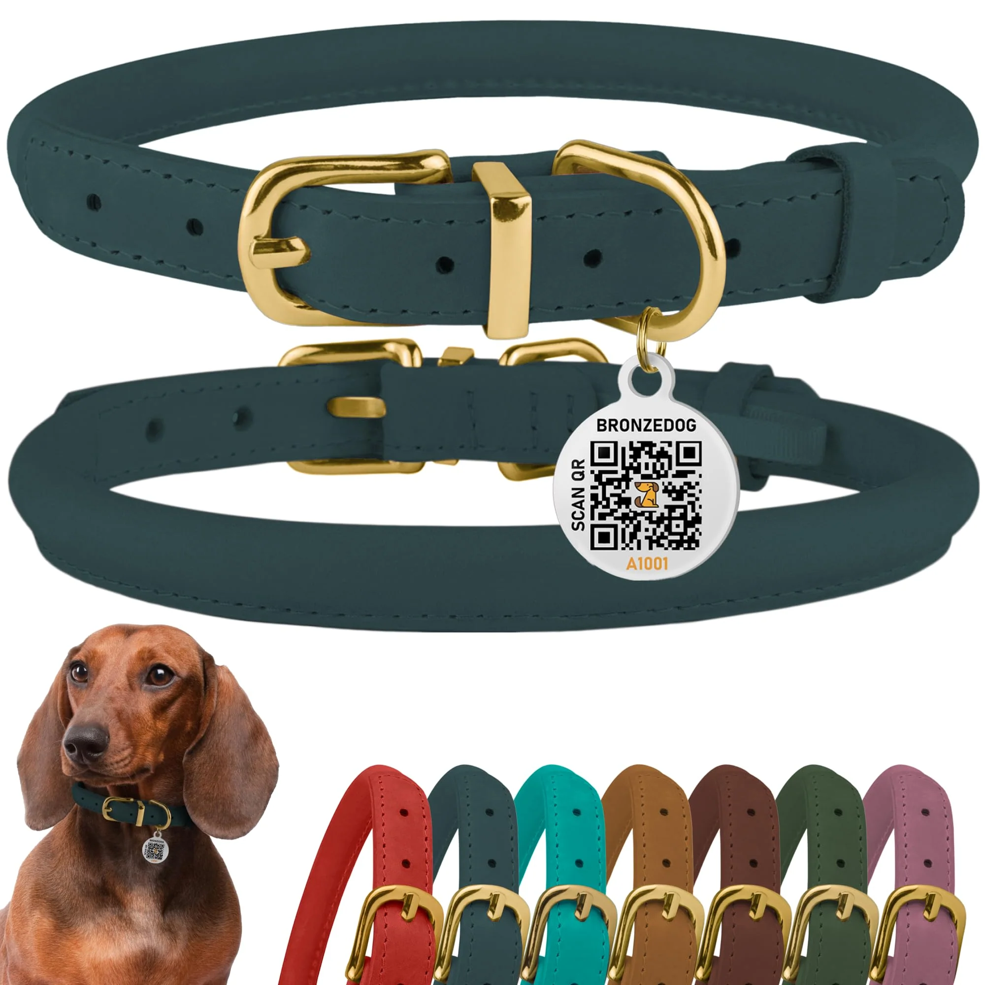 Detailed BronzeDog Rolled Leather Collar with QR ID Tag - Adjustable Denim Collar for Dogs 9-11 in neck Reusable