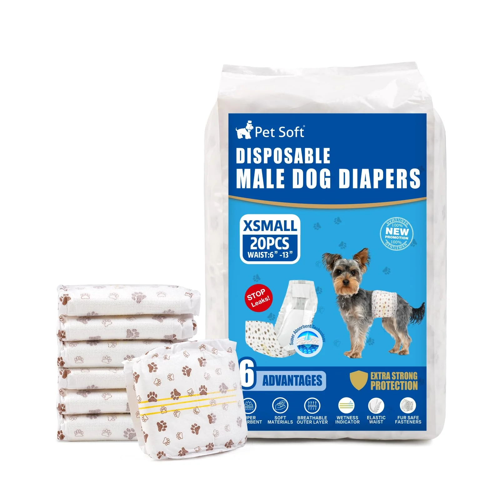 Exceptional Pet Soft XSmall Male Dog Diapers – Ultra Absorbent Leak-Proof Wraps 20 Count Durable