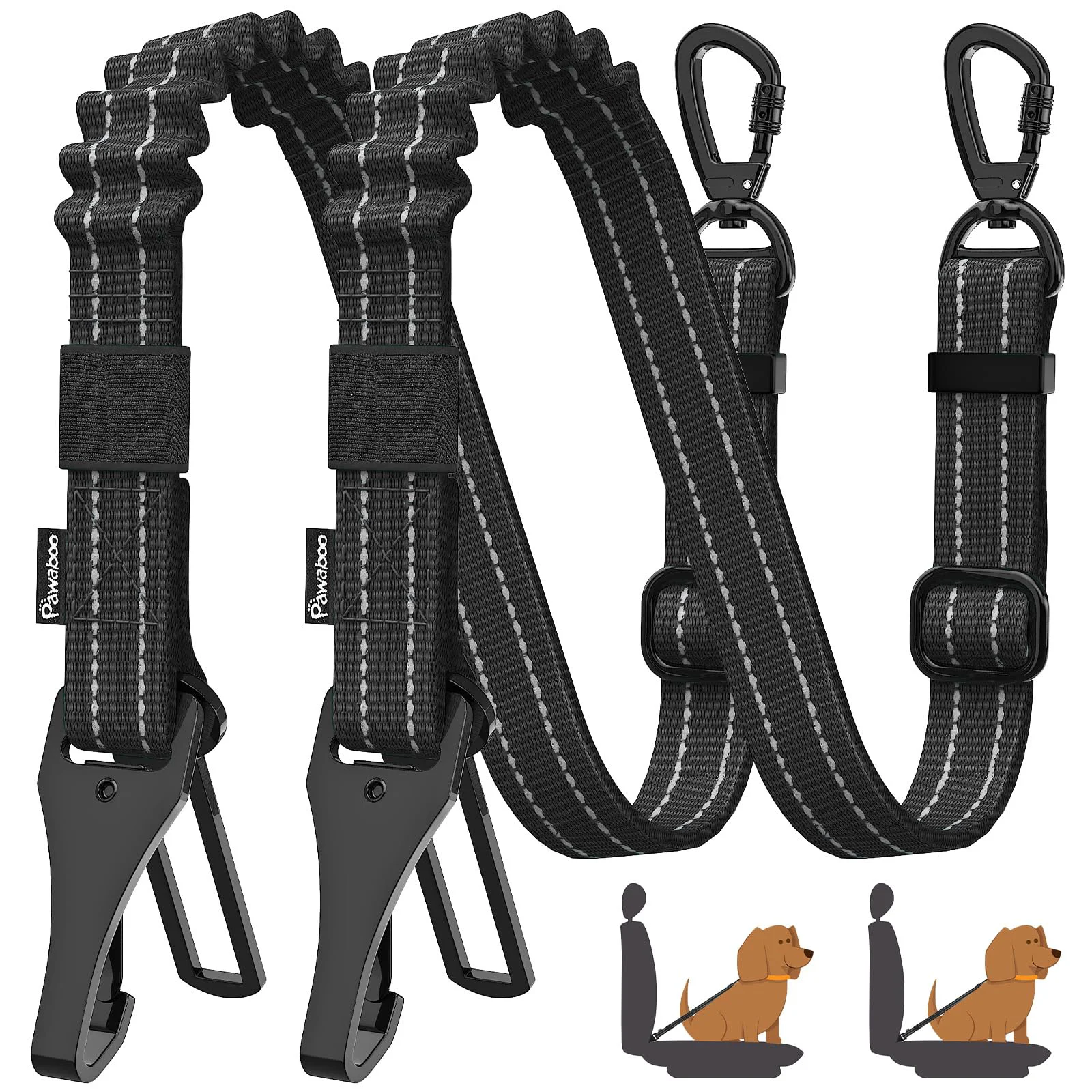 Selected Pawaboo 2Pack Dog Seatbelt for Car — 3-in-1 Elastic Bungee 360° Lockable Buckle Refined