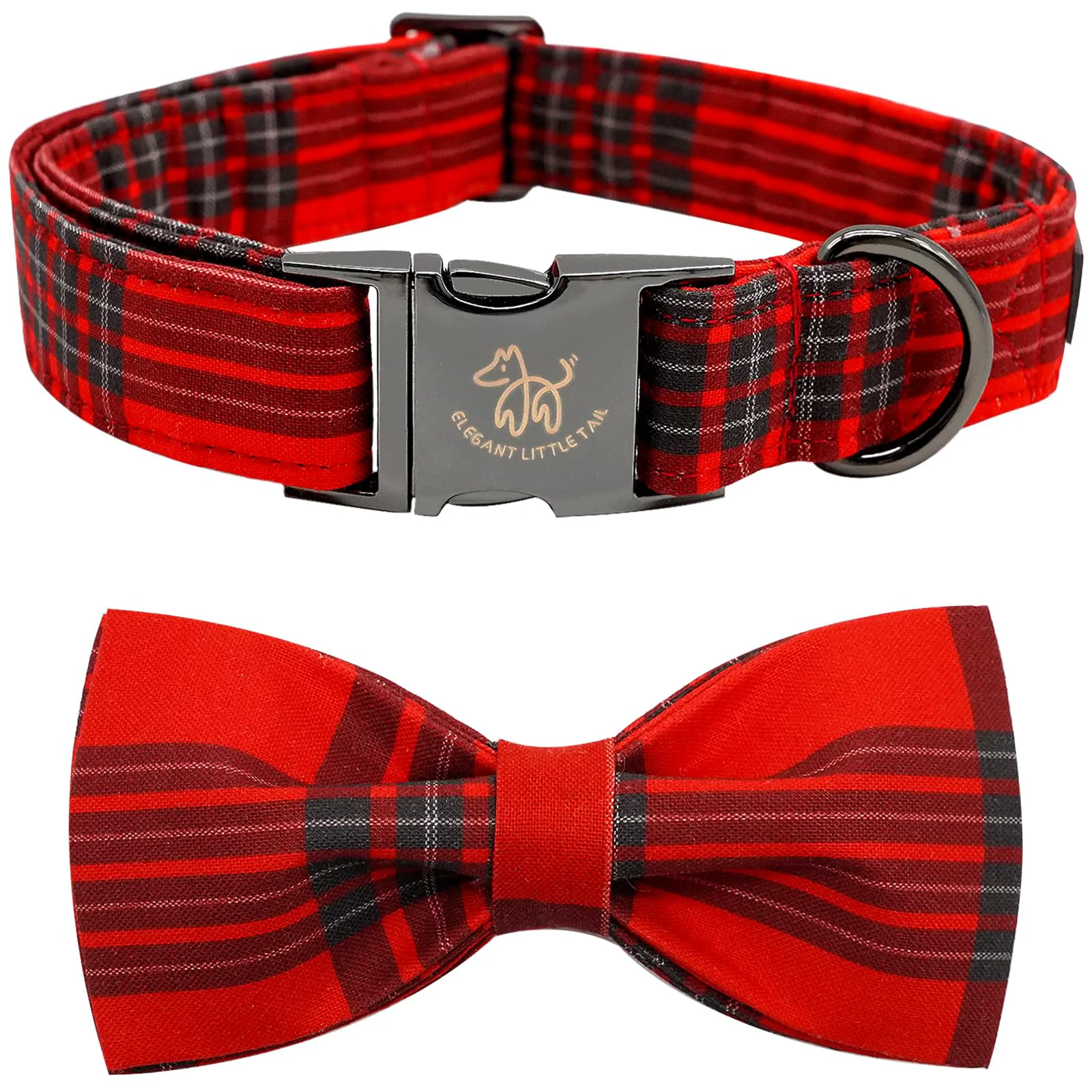 Advanced Elegant little tail Dog Collar with Bow - Christmas Plaid for X-Small Puppies Adjustable Dog Collar Easy-to-Use