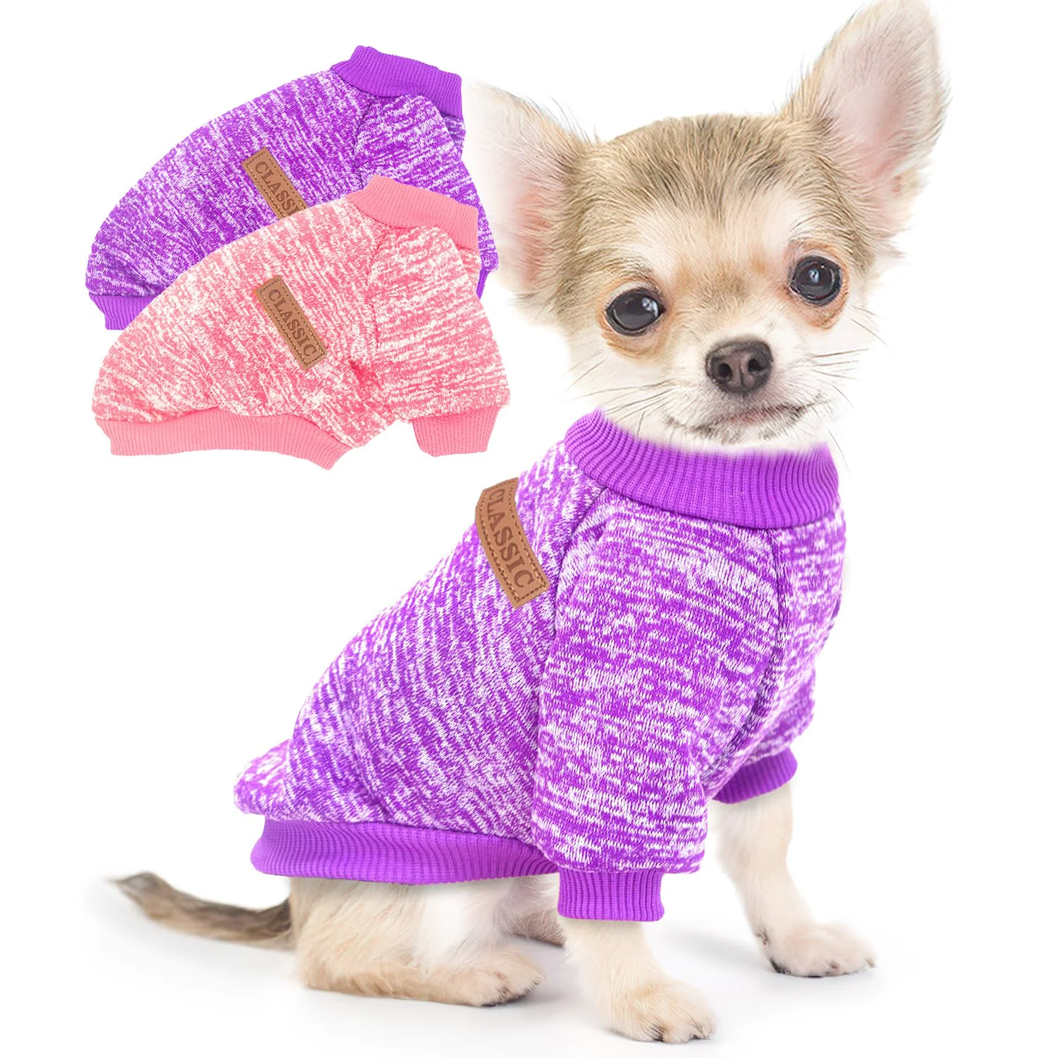 Advanced Generic 2-Piece Small Dog Sweater Set – Warm Winter Knits for Yorkie Chihuahua Pug Pink Purple Easy-to-Use