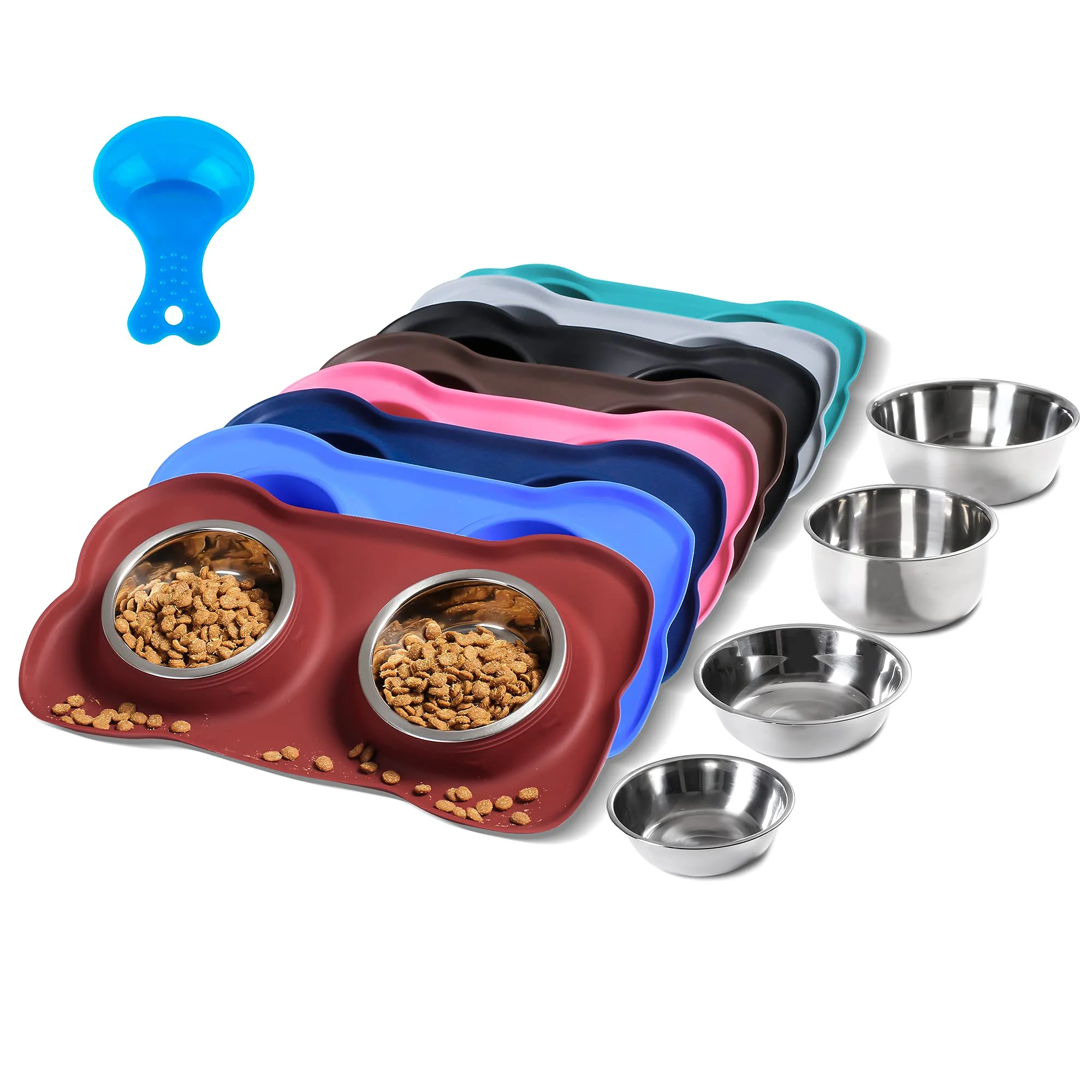 Authentic Hubulk Pet Dog Bowls – 2 Stainless Steel Bowls with No-Spill Silicone Mat Burgundy Small Sustainable