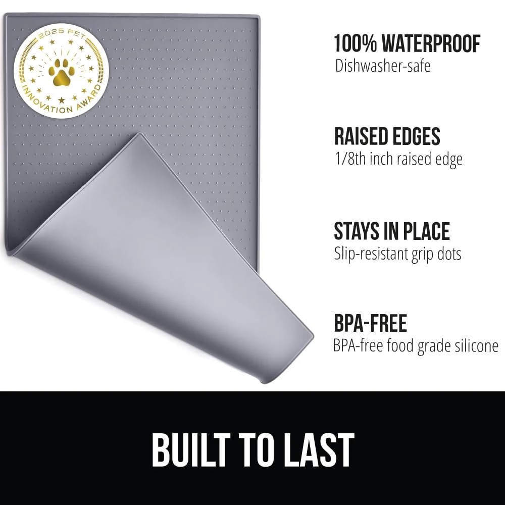 Artisan GORILLA GRIP Waterproof Raised Edge Silicone Pet Feeding Mat 16x10in - BPA Gray Recyclable