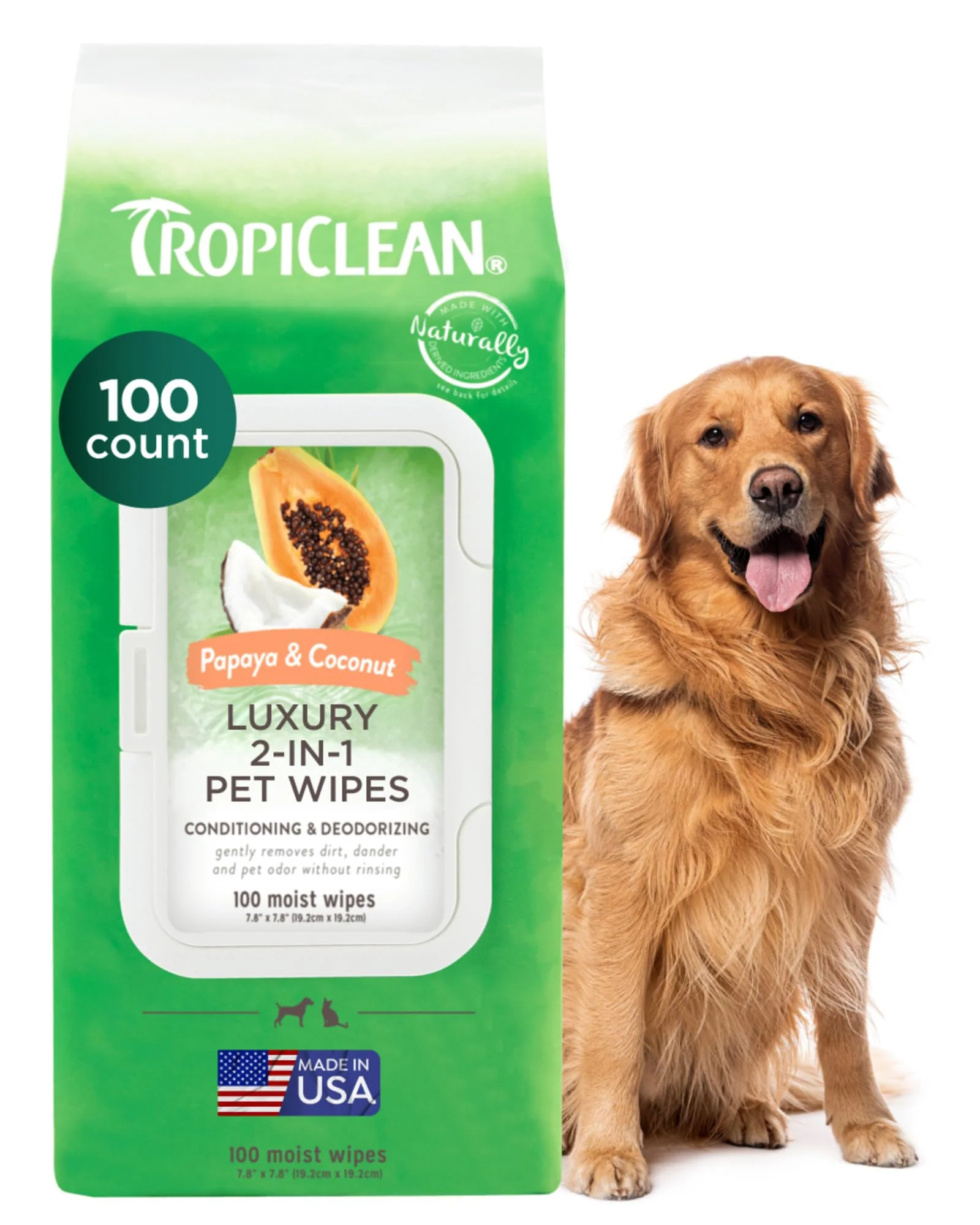 Artisan TropiClean Papaya Coconut Luxury 2-in-1 Pet Wipes – 100 Count Dogs Cats Selected