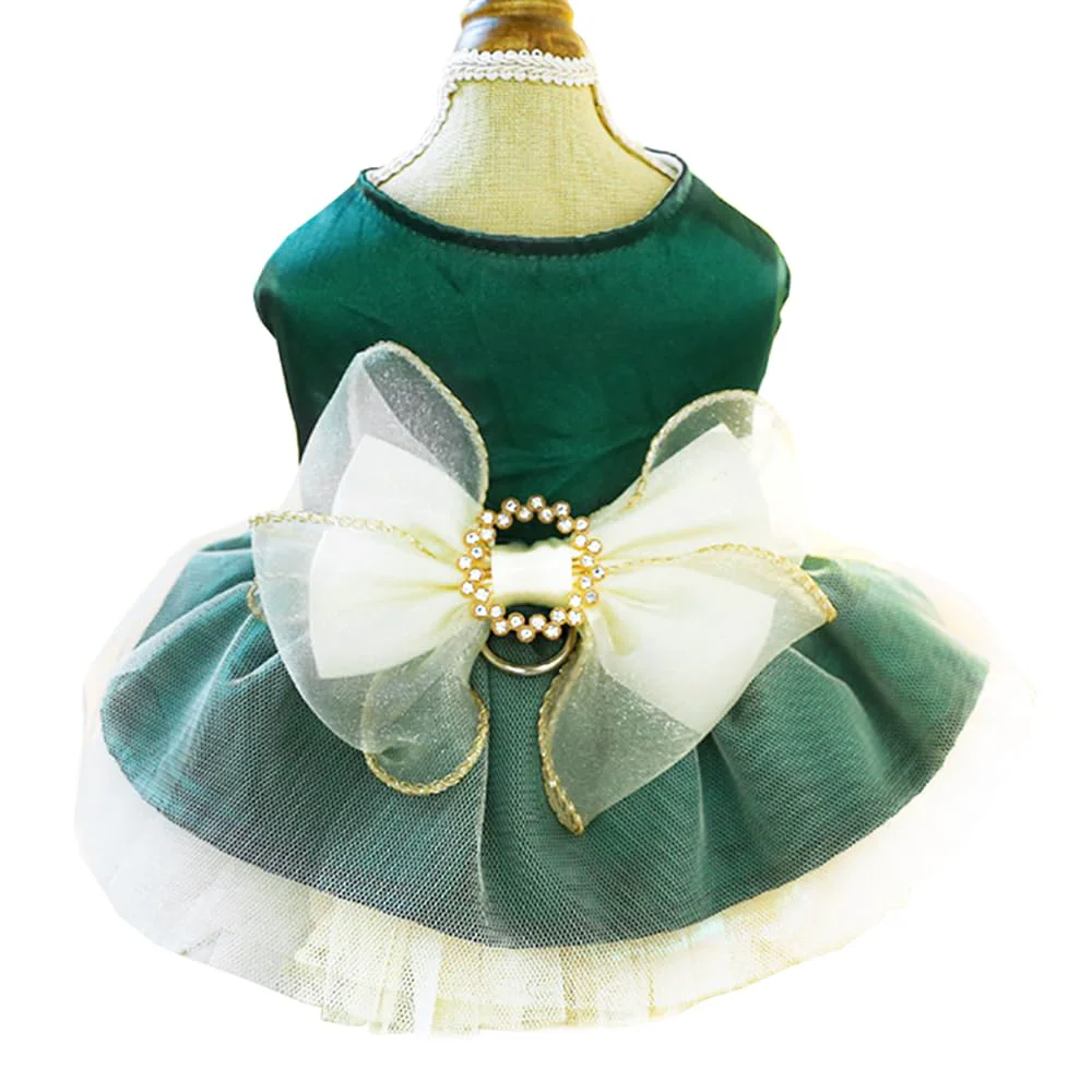 High-Performance ANIAC Retro Dog Tulle Dress with Leash Ring Green XS Formal Small Dog Cat Outfit Fine Crafted