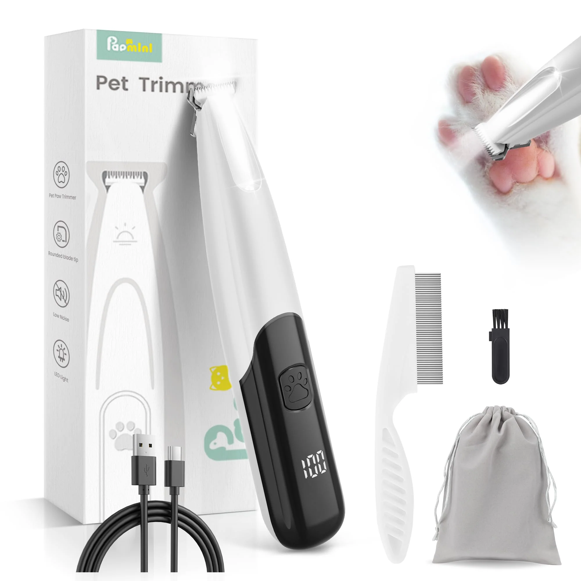 Environmentally Friendly PAPMINI Dog Paw Trimmer with LED Light — 2-Speed 35dB Quiet USB-C Clipper Casual