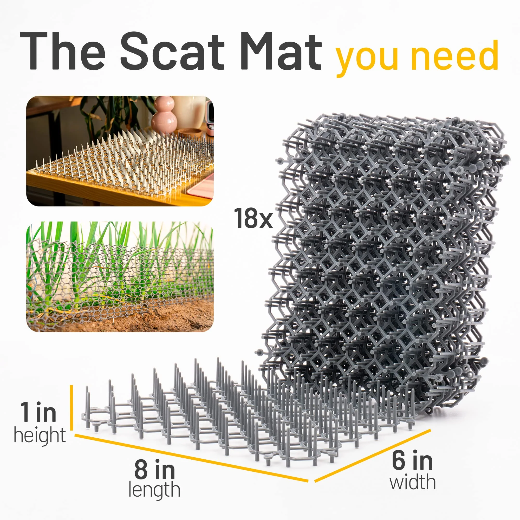 World-Class Petfolio 18 Pack Scat Mat for Cats – 8x6 Inch Cat Deterrent with 1 Inch Spikes for Indoor Outdoor Use Stylish