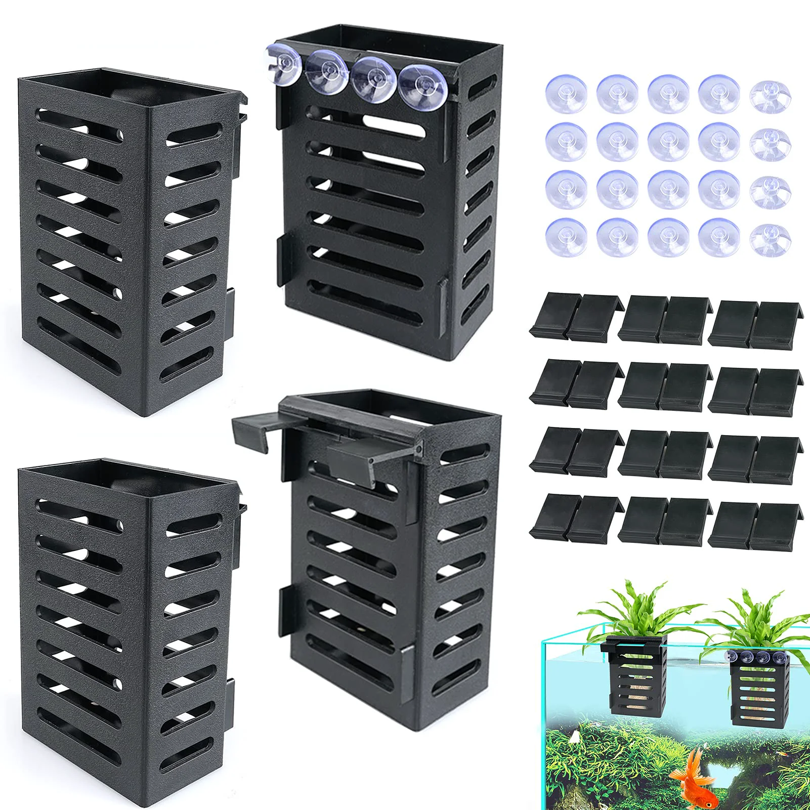 Consistent Uprony Aquarium Plant Holder 4 Pack – Hanging Plant Pots with 24 Hooks 20 Suction Cups for Fish Tanks Black Safe