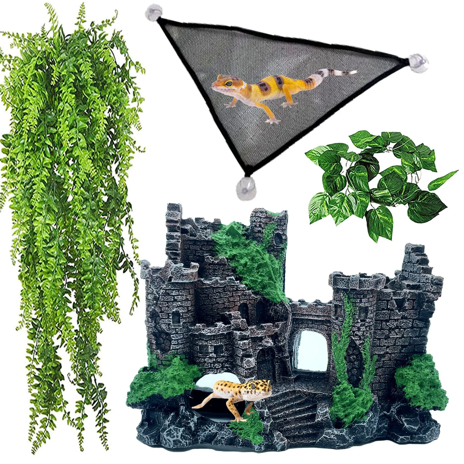 High-Quality Kathson Bearded Dragon Tank Castle Decorations – 4 Pcs Reptile Habitat Accessories Eco-Friendly